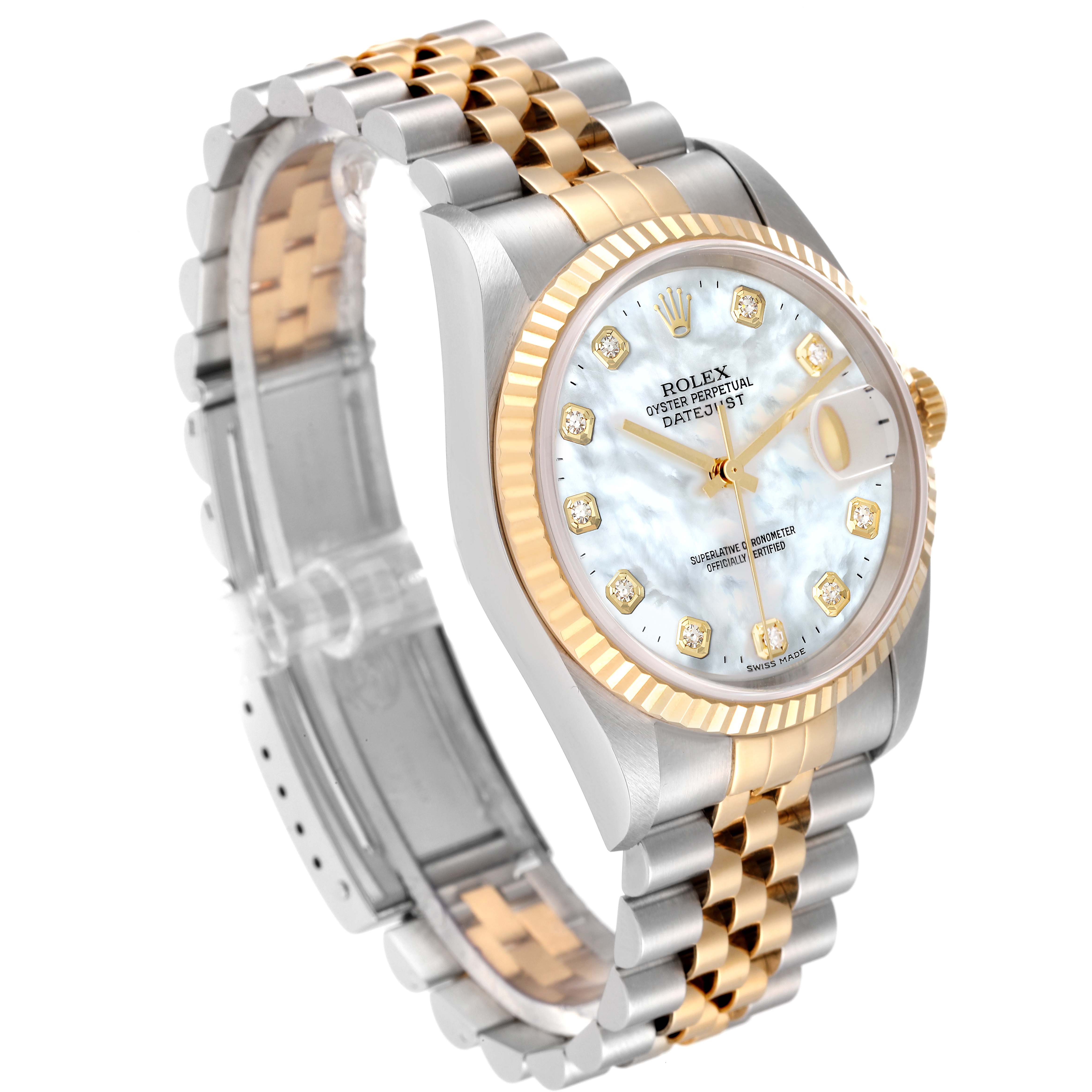 The Rolex Datejust 16233 Men's Steel and Gold (two tone) Mother of Pearl Dial 16233 Men's Steel and Gold (two tone) Mother of Pearl Dial watch is shown at a slight angle, highlighting its two-tone bracelet, fluted bezel, and mother-of-pearl dial with diamond markers.