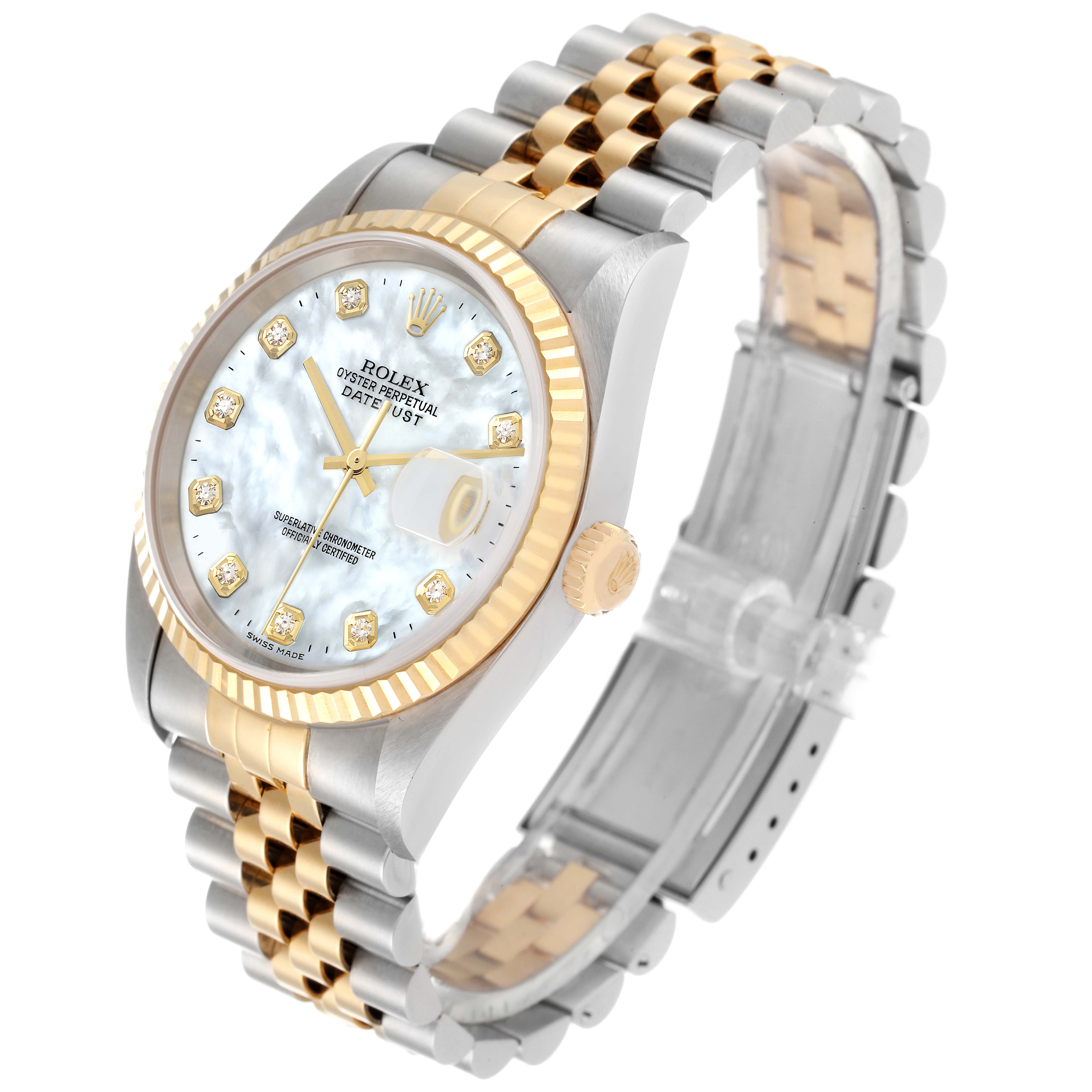 This Rolex Datejust 16233 Men's Steel and Gold (two tone) Mother of Pearl Dial 16233 Men's Steel and Gold (two tone) Mother of Pearl Dial watch is shown at an angle highlighting its face, bezel, crown, and two-tone bracelet.