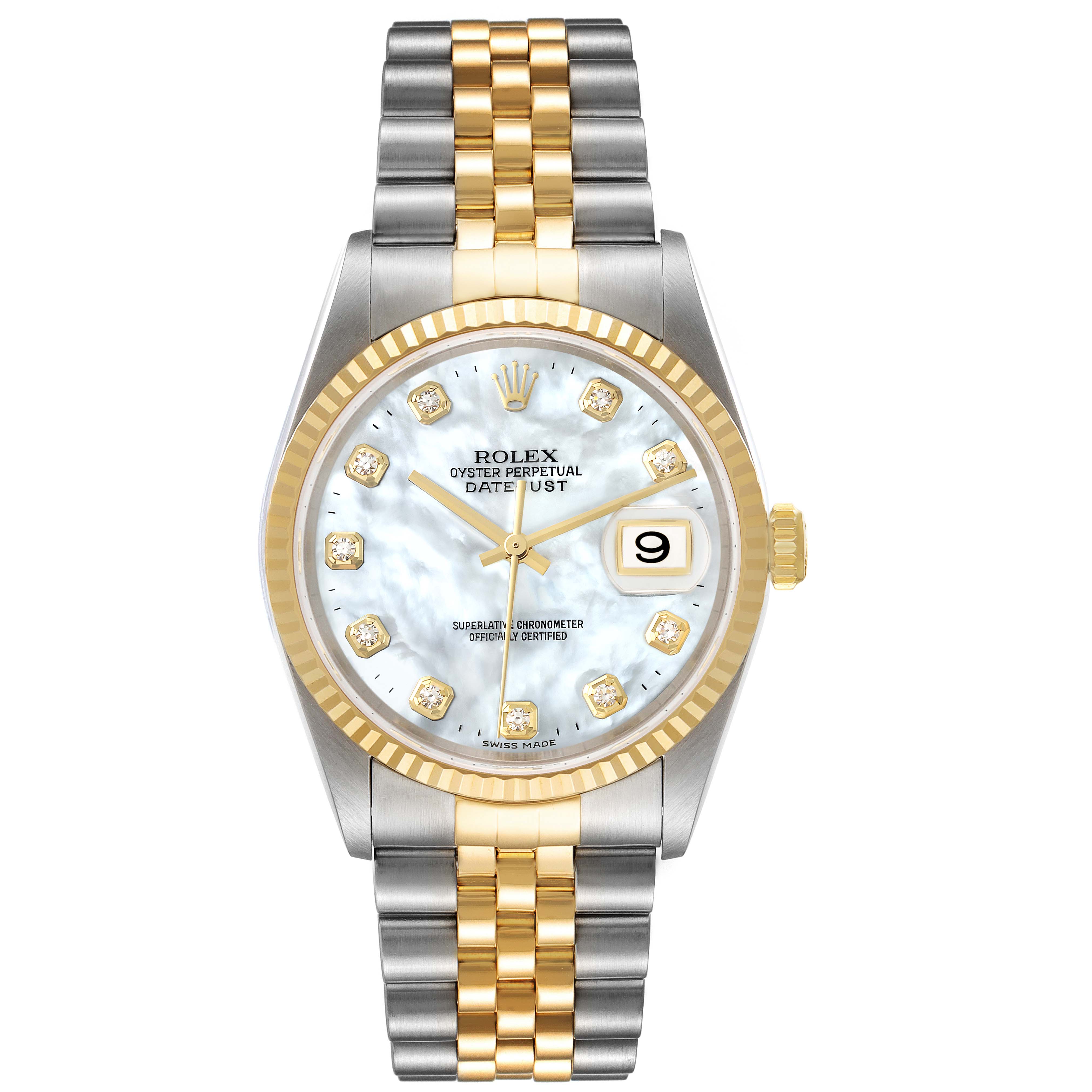 This image shows a front view of a Rolex Datejust 16233 Men's Steel and Gold (two tone) Mother of Pearl Dial 16233 Men's Steel and Gold (two tone) Mother of Pearl Dial watch, featuring a two-tone bracelet, fluted bezel, and date display at 3 o'clock.