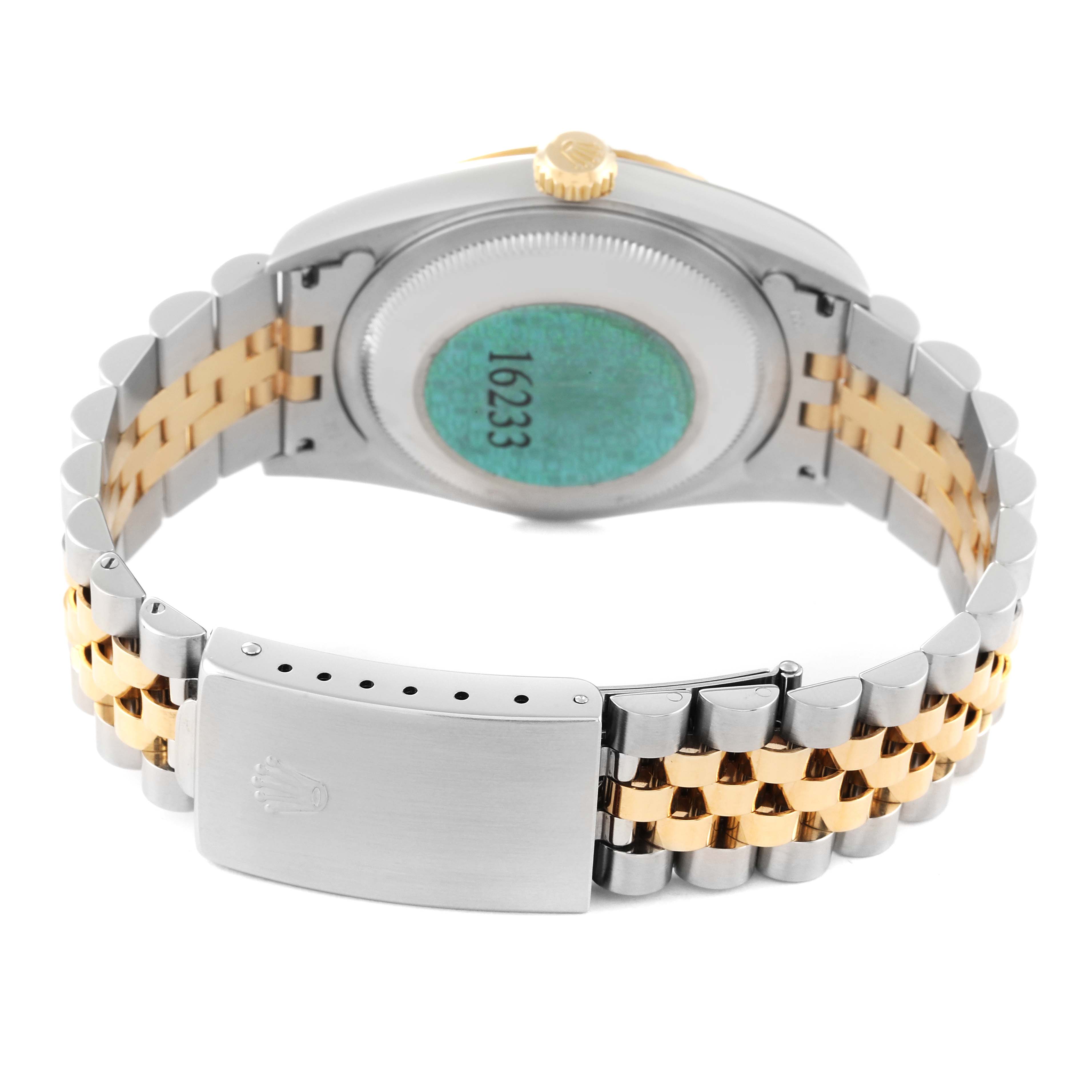 This image shows the back view of a Rolex Datejust 16233 Men's Steel and Gold (two tone) Mother of Pearl Dial 16233 Men's Steel and Gold (two tone) Mother of Pearl Dial watch, highlighting the caseback, bracelet, and clasp.