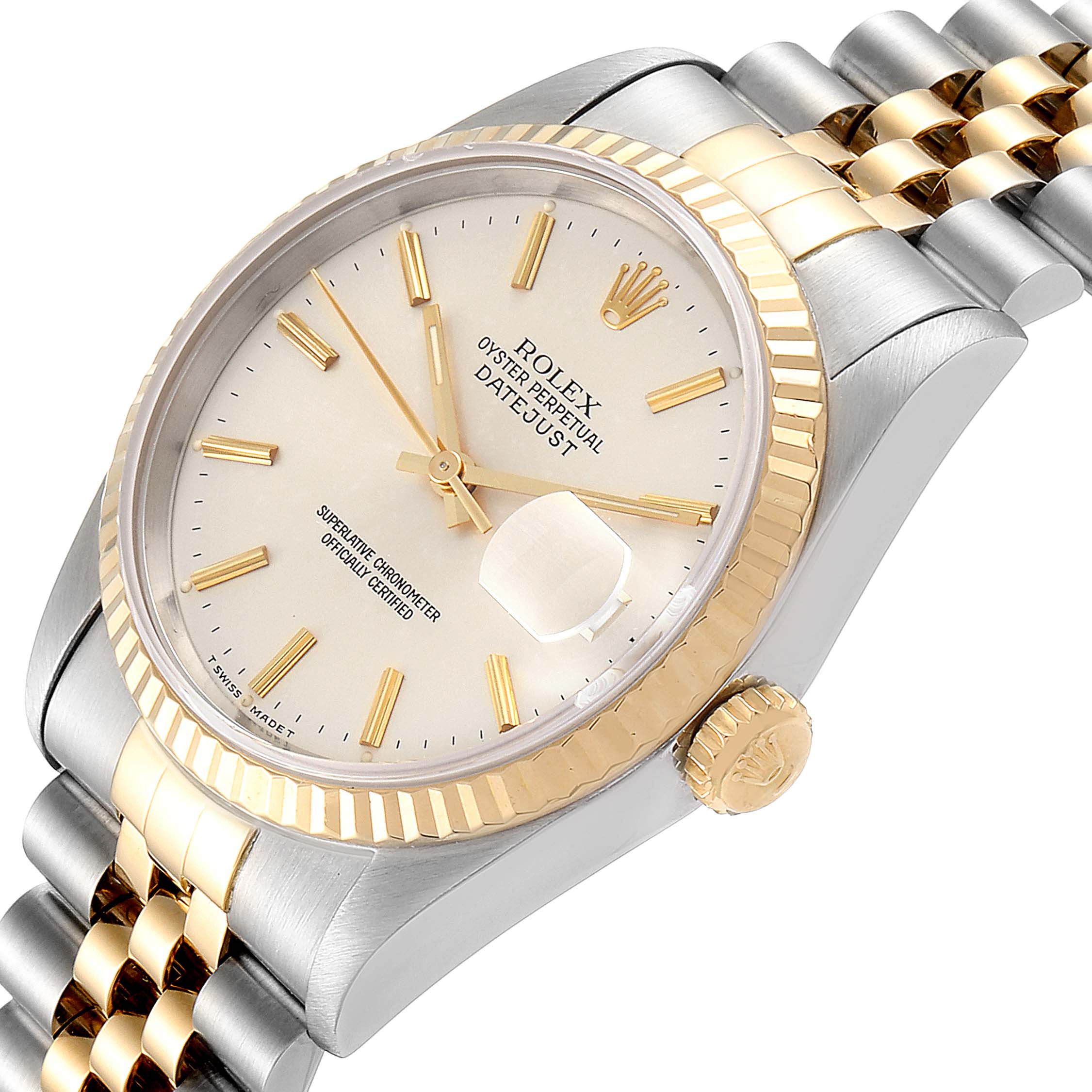 The image shows a Rolex Datejust 16233 Men's Steel and Gold (two tone) Silver Dial 16233 Men's Steel and Gold (two tone) Silver Dial watch at an angled close-up, highlighting its dial, bezel, and part of the bracelet.