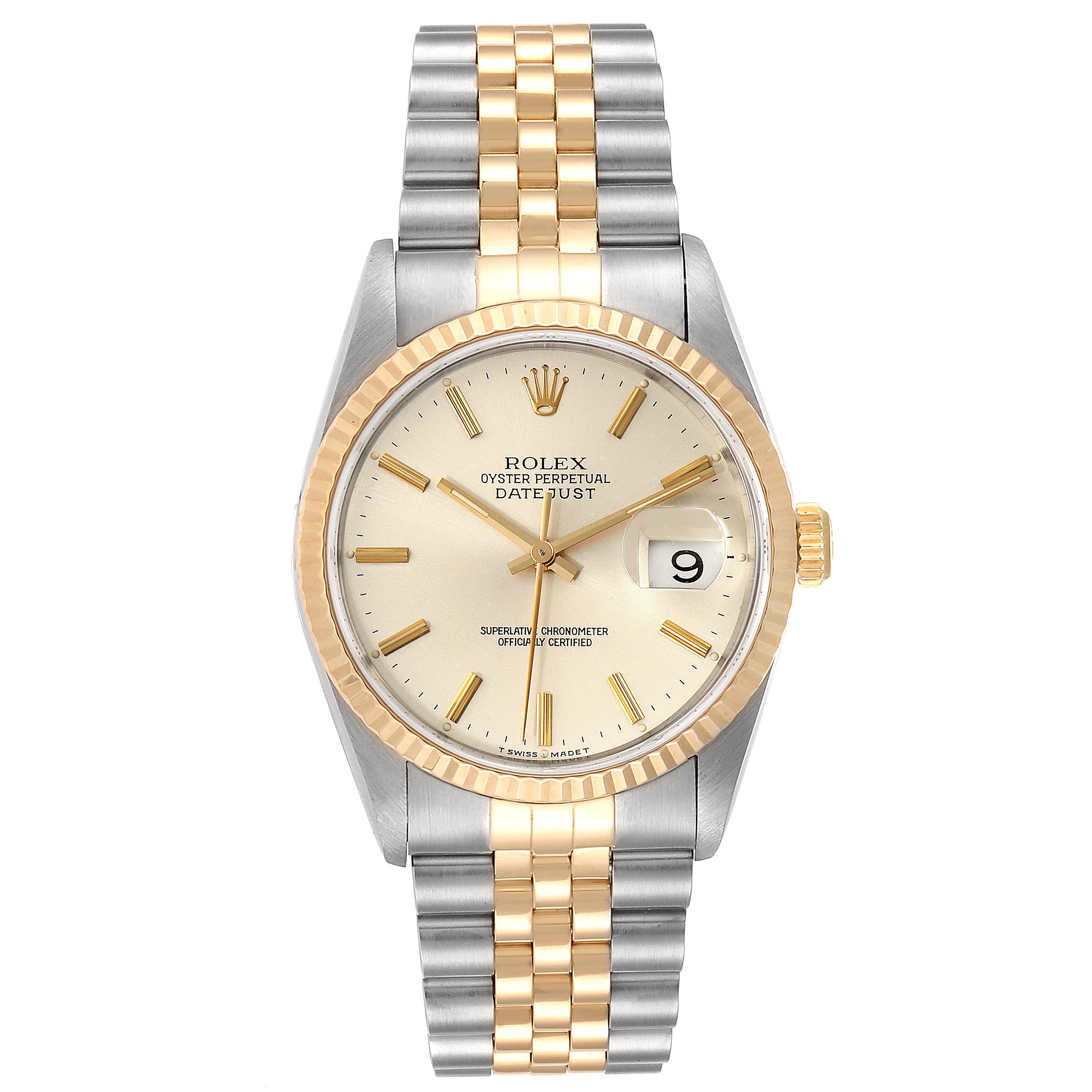 This Rolex Datejust 16233 Men's Steel and Gold (two tone) Silver Dial 16233 Men's Steel and Gold (two tone) Silver Dial watch is shown from a front angle, displaying the face, dial, bezel, and bracelet.