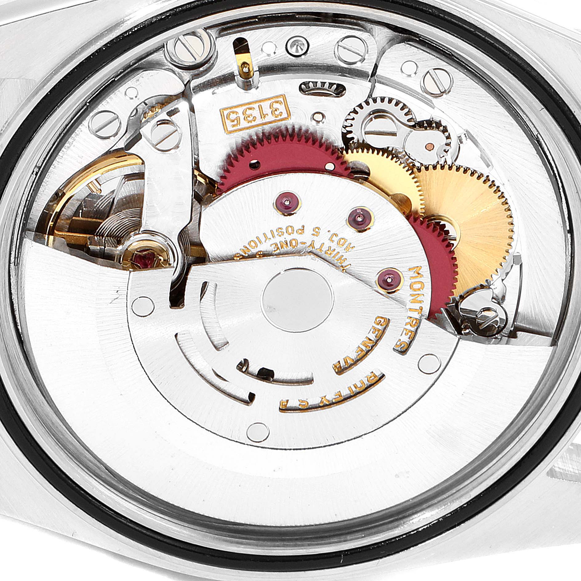 This image shows the internal mechanism and movement of the Rolex Datejust 16233 Men's Steel and Gold (two tone) Silver Dial 16233 Men's Steel and Gold (two tone) Silver Dial watch model, viewed from the back.