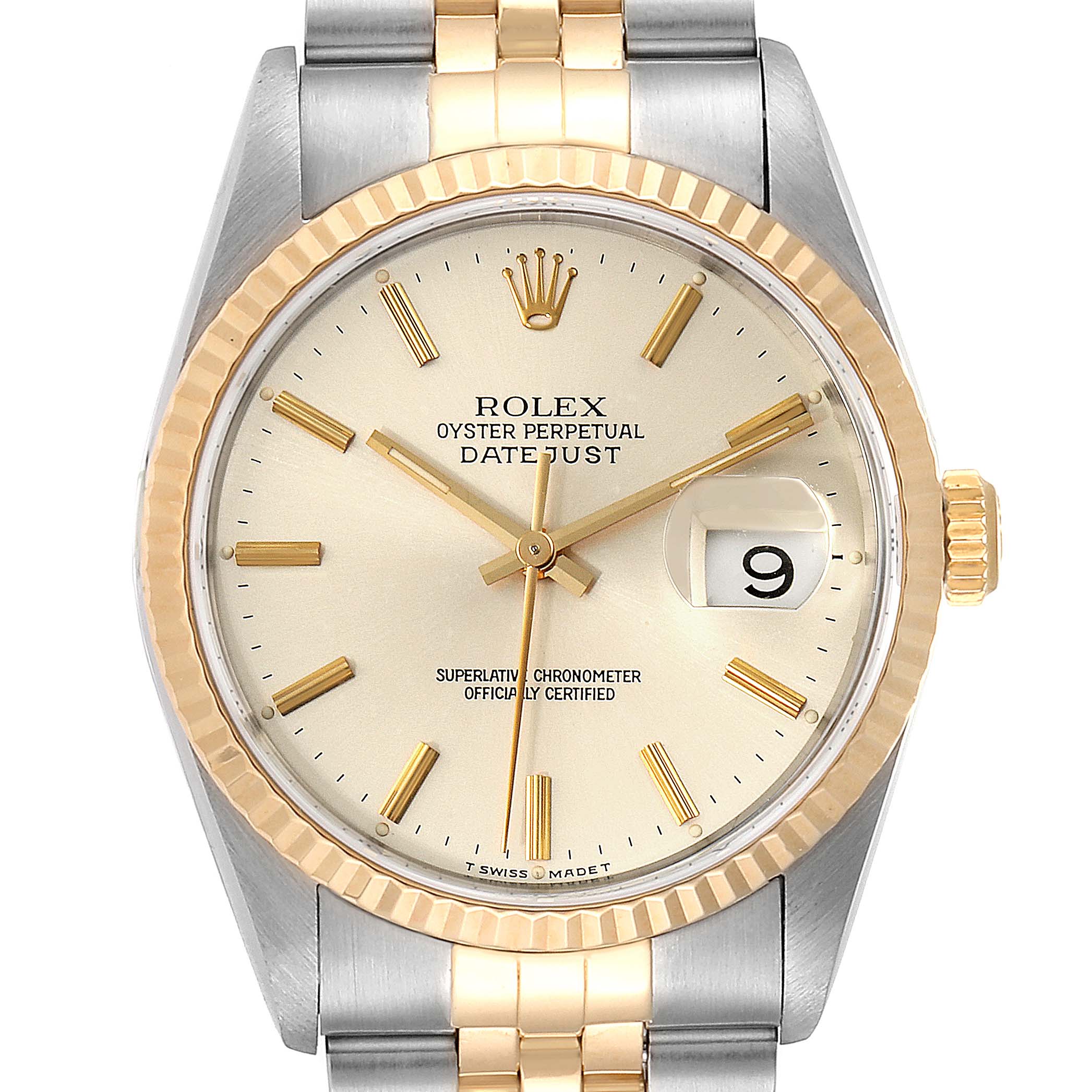 The image shows a front view of the Rolex Datejust 16233 Men's Steel and Gold (two tone) Silver Dial 16233 Men's Steel and Gold (two tone) Silver Dial watch, highlighting its dial, bezel, and two-tone bracelet.