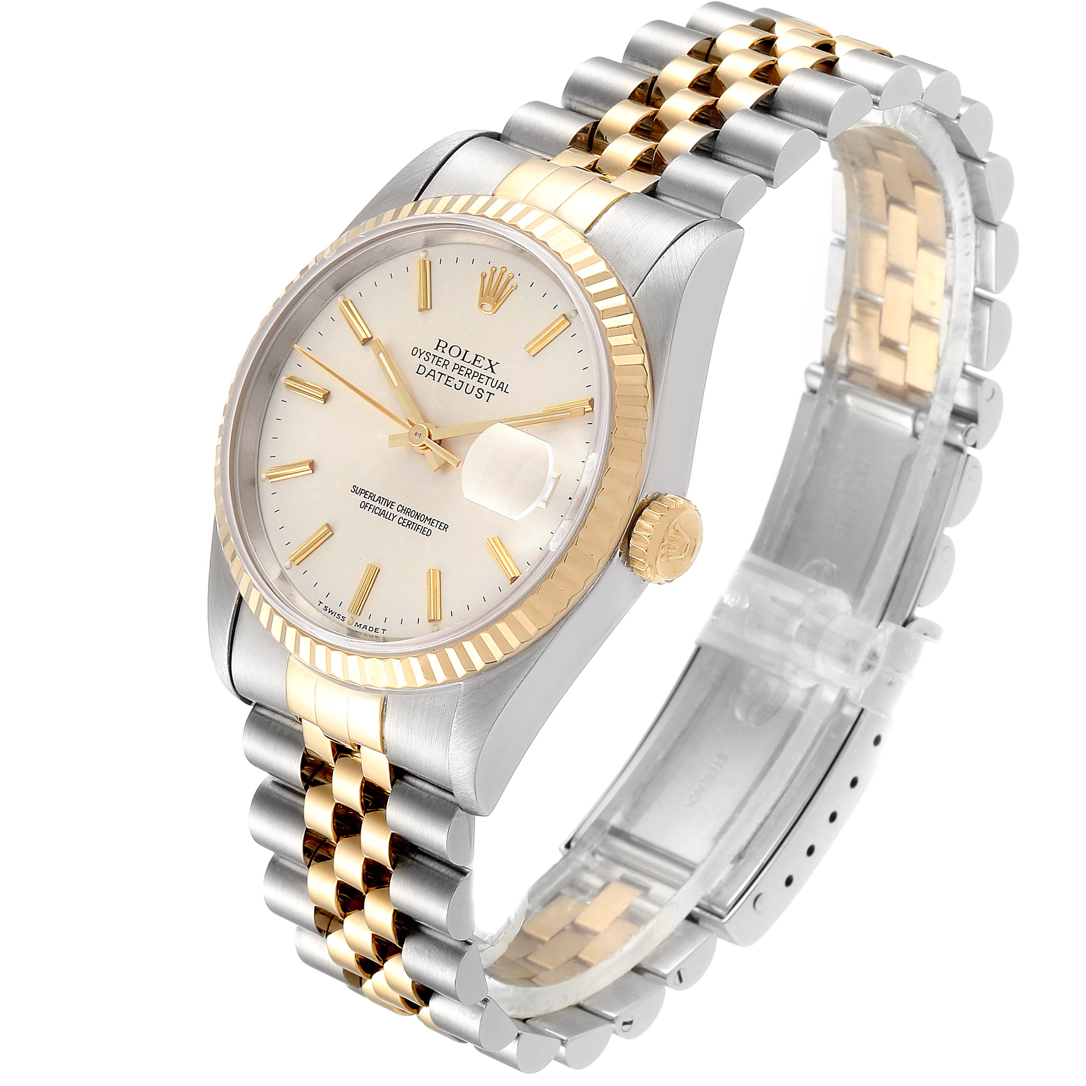 The image shows a Rolex Datejust 16233 Men's Steel and Gold (two tone) Silver Dial 16233 Men's Steel and Gold (two tone) Silver Dial watch at an angle highlighting its face, bezel, crown, and two-tone bracelet.