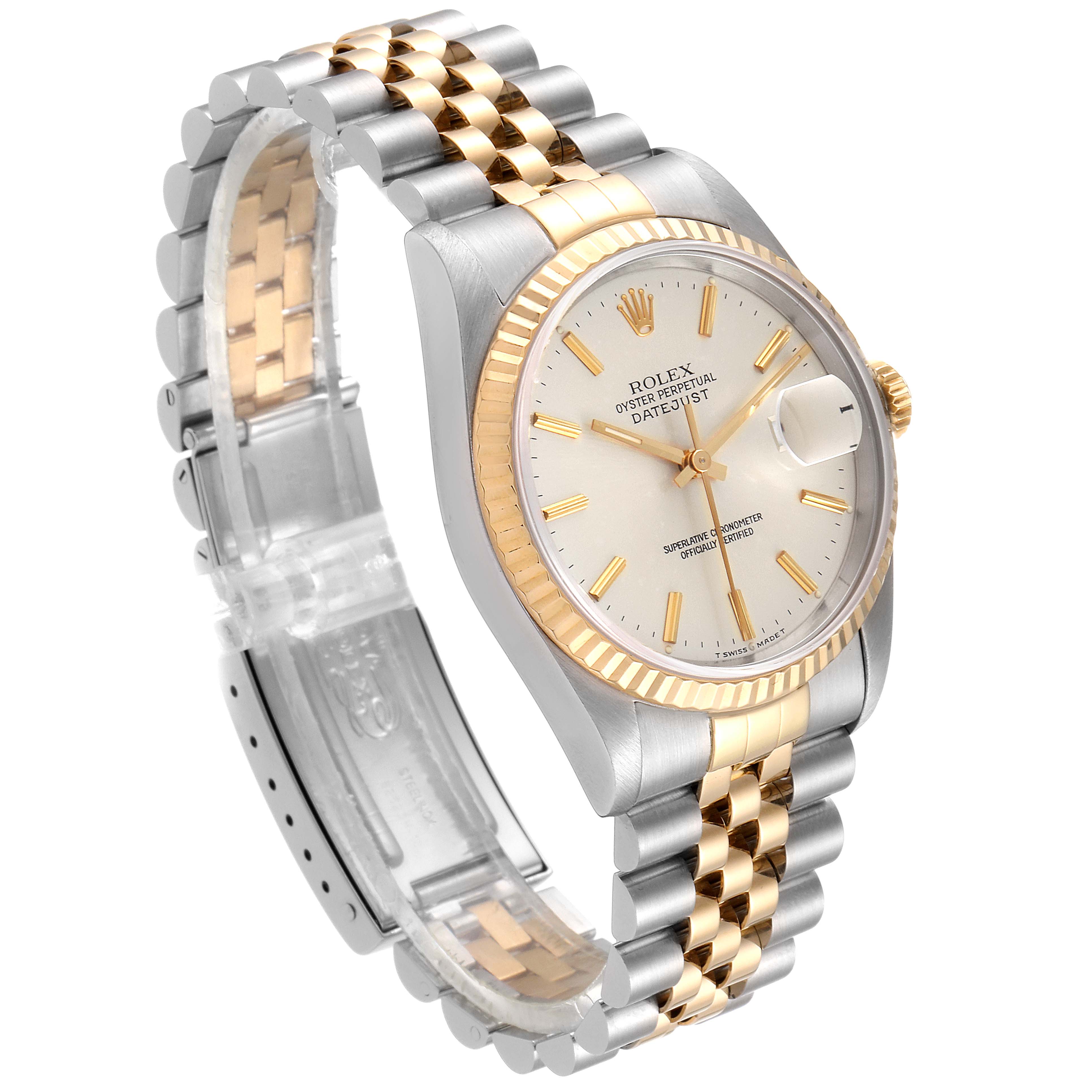 The image shows a Rolex Datejust 16233 Men's Steel and Gold (two tone) Silver Dial 16233 Men's Steel and Gold (two tone) Silver Dial watch angled to display its face, bracelet, and clasp.