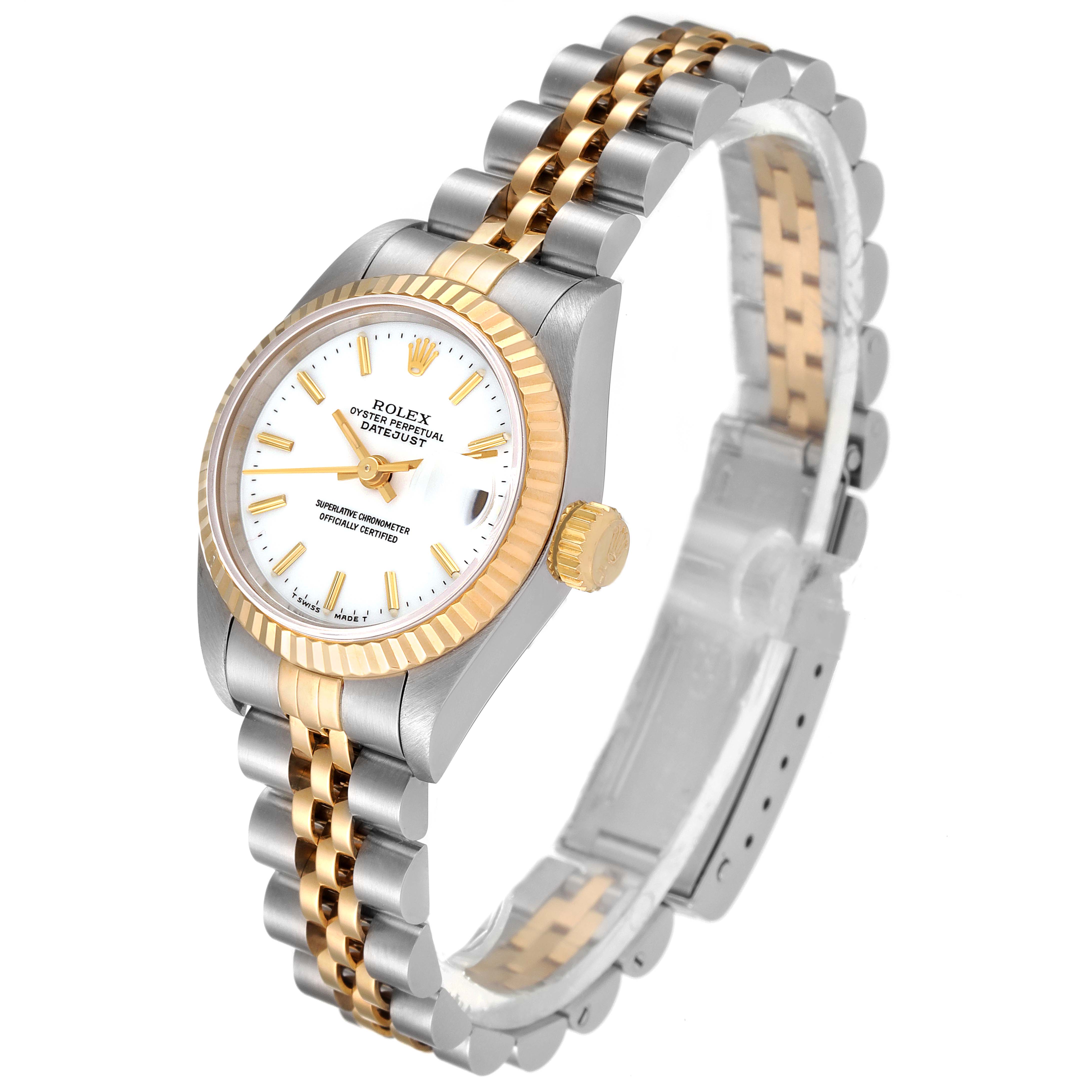 The Rolex Datejust 69173 Women's Steel and Gold (two tone) White Dial 69173 Women's Steel and Gold (two tone) White Dial watch is displayed at an angle showing the face, bezel, crown, and two-tone jubilee bracelet.