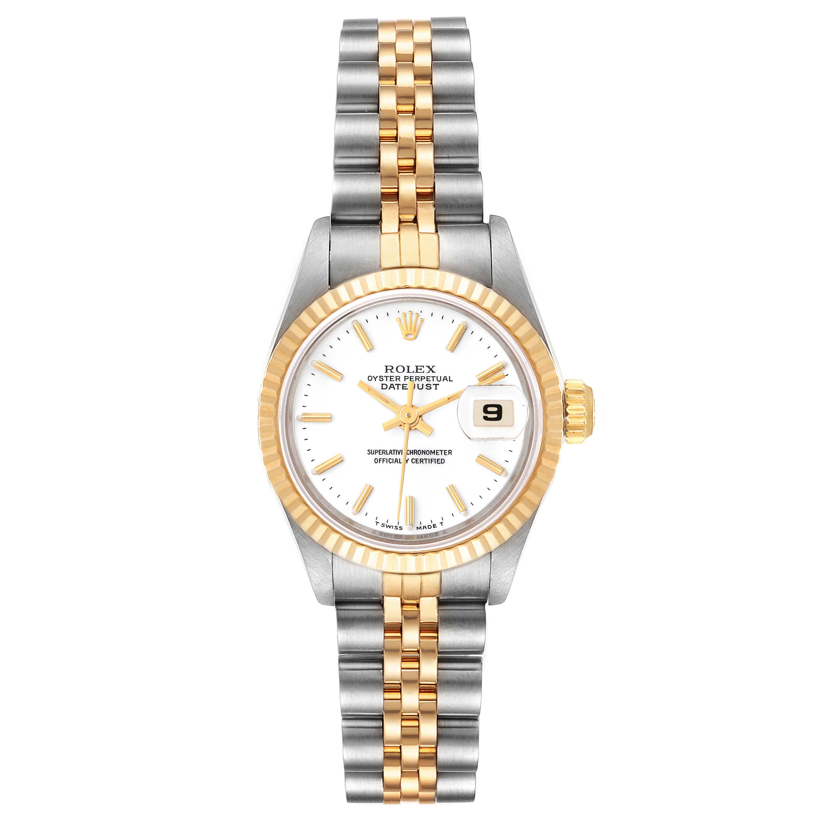This image shows a front view of a Rolex Datejust 69173 Women's Steel and Gold (two tone) White Dial 69173 Women's Steel and Gold (two tone) White Dial watch, highlighting its dial, fluted bezel, and two-tone bracelet.
