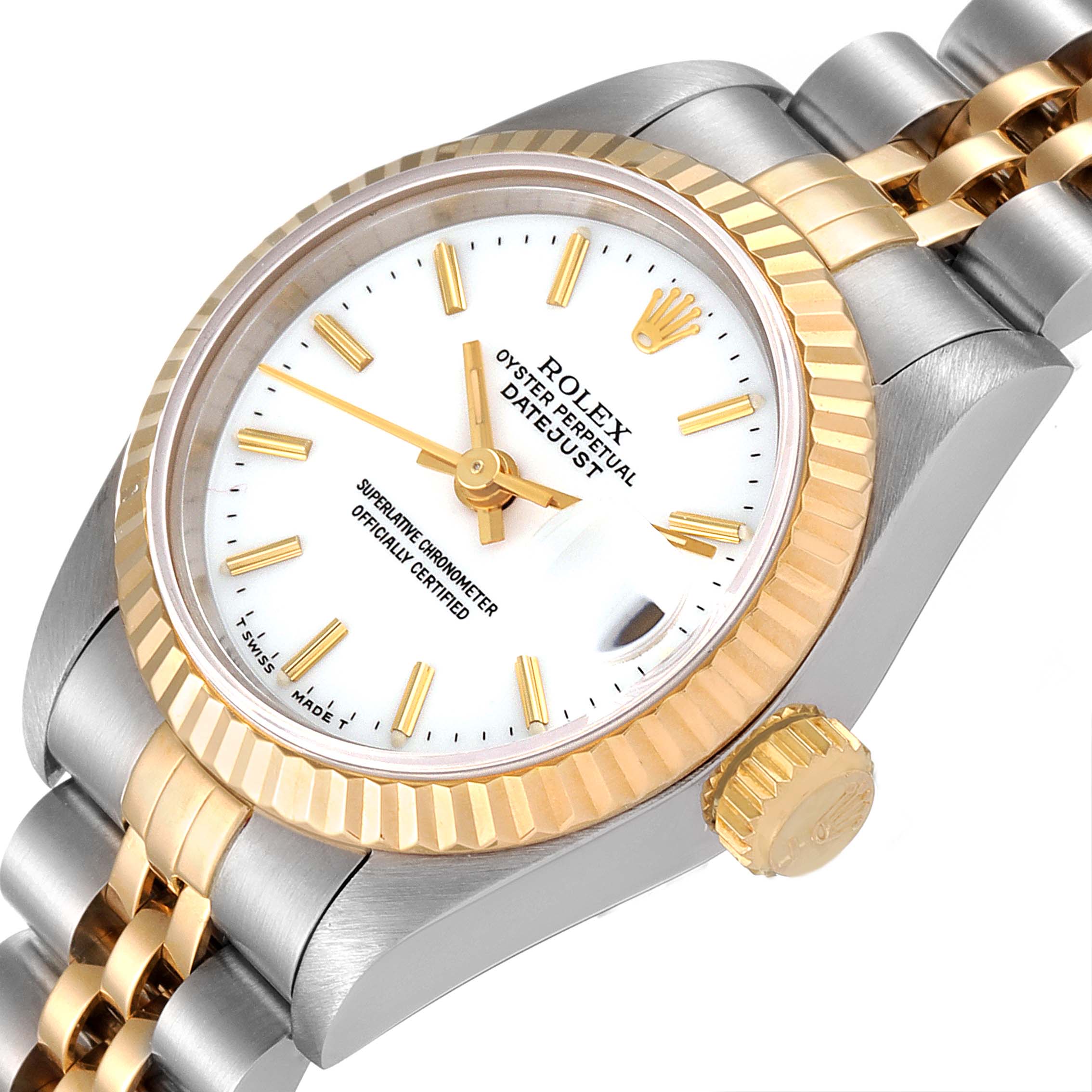 The Rolex Datejust 69173 Women's Steel and Gold (two tone) White Dial 69173 Women's Steel and Gold (two tone) White Dial watch is shown at an oblique angle, highlighting its white dial, gold fluted bezel, and two-tone bracelet.