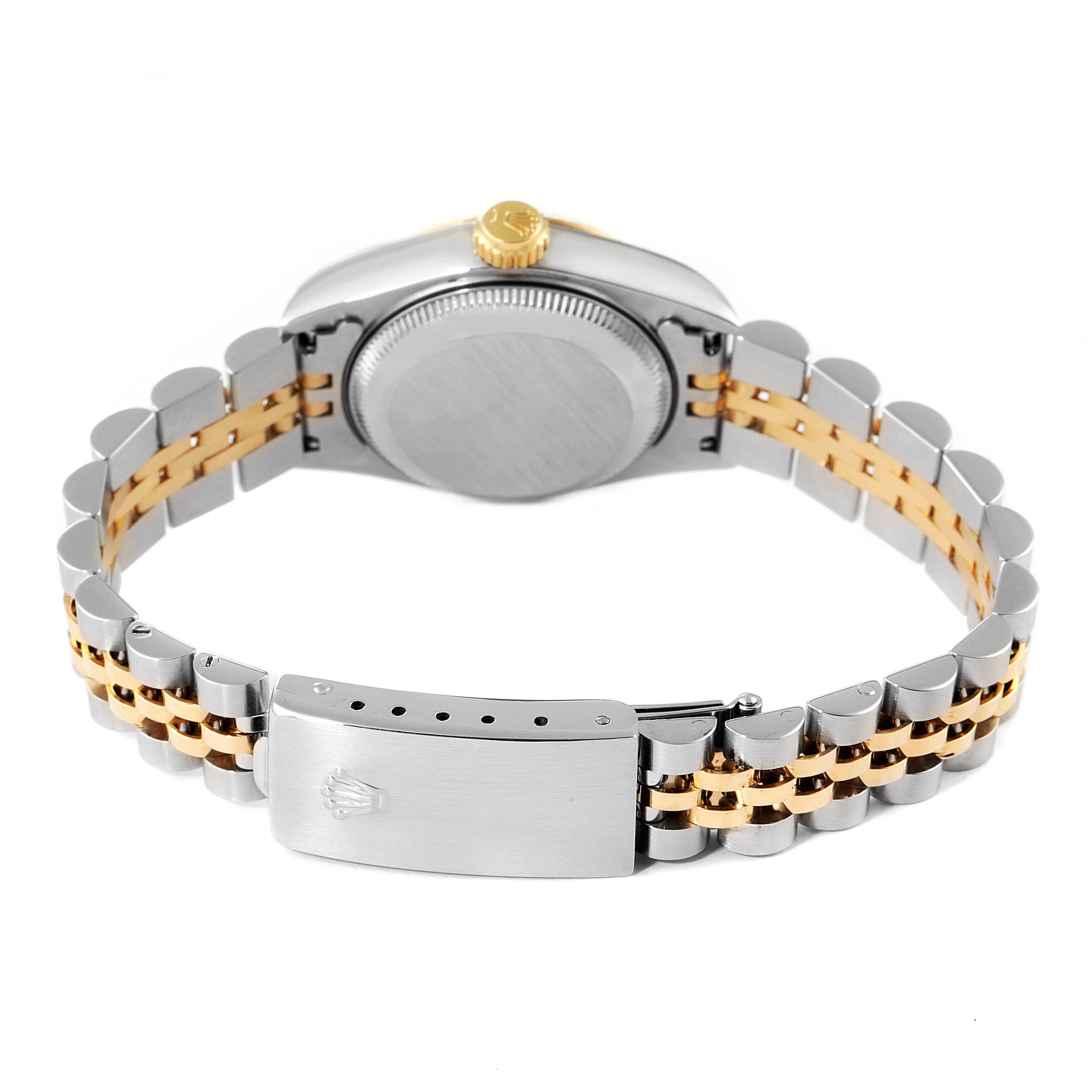 The image shows the back view of a Rolex Datejust 69173 Women's Steel and Gold (two tone) White Dial 69173 Women's Steel and Gold (two tone) White Dial watch, highlighting the bracelet, clasp, and case back.