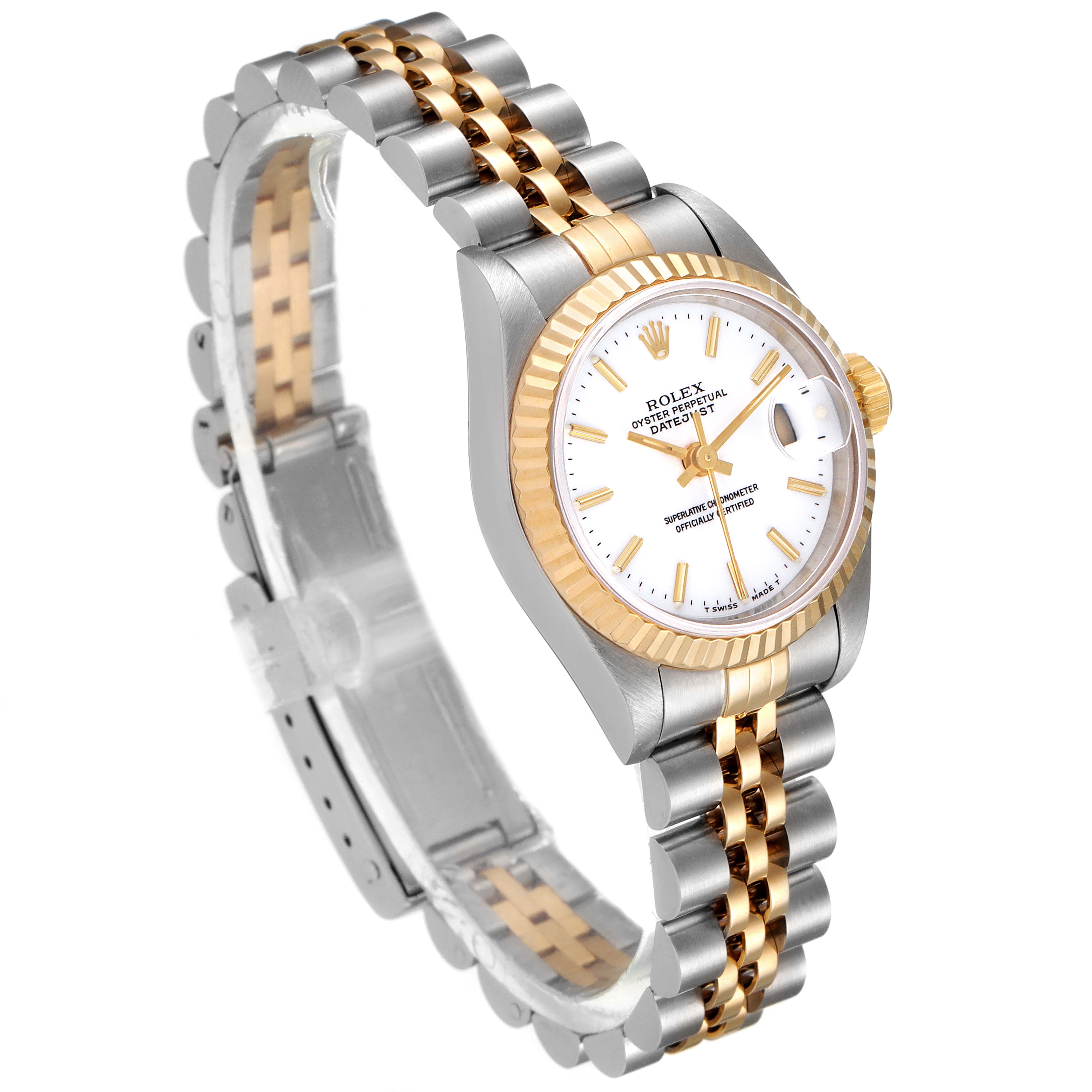 The image shows a side angle of a Rolex Datejust 69173 Women's Steel and Gold (two tone) White Dial 69173 Women's Steel and Gold (two tone) White Dial watch, highlighting the bracelet, case, crown, and part of the dial.