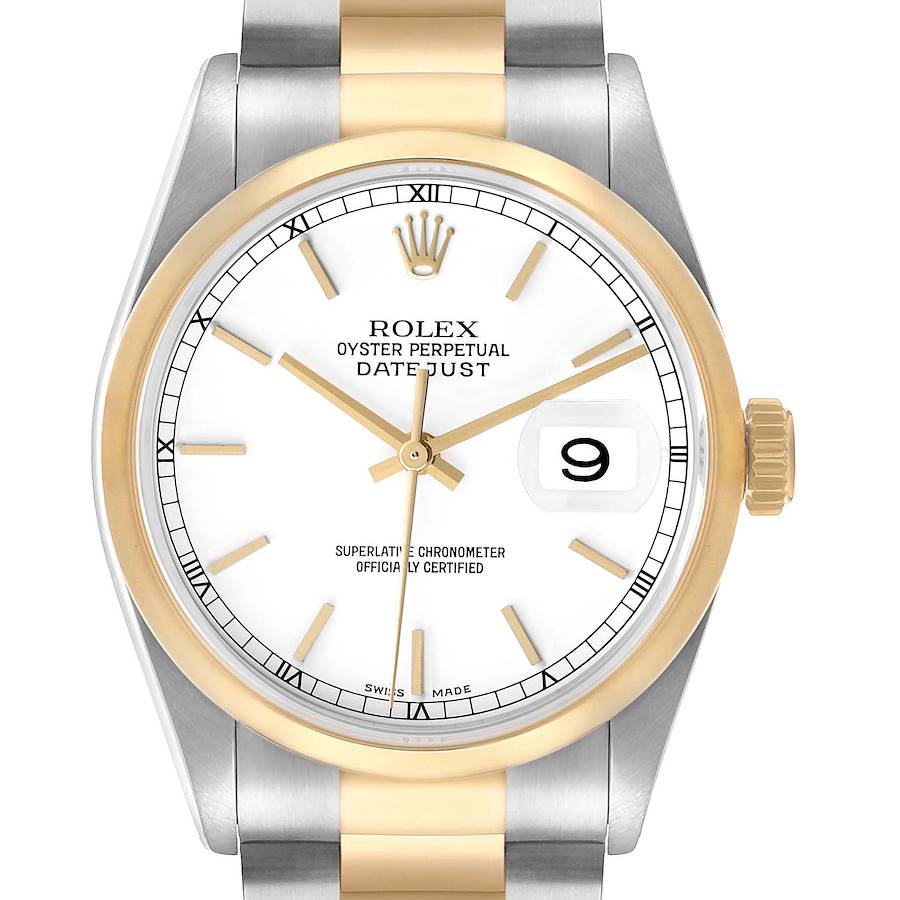 The Rolex Datejust 16203 Men's Steel and Gold (two tone) White Dial watch is shown from a front angle, highlighting the dial, bezel, bracelet, and crown.