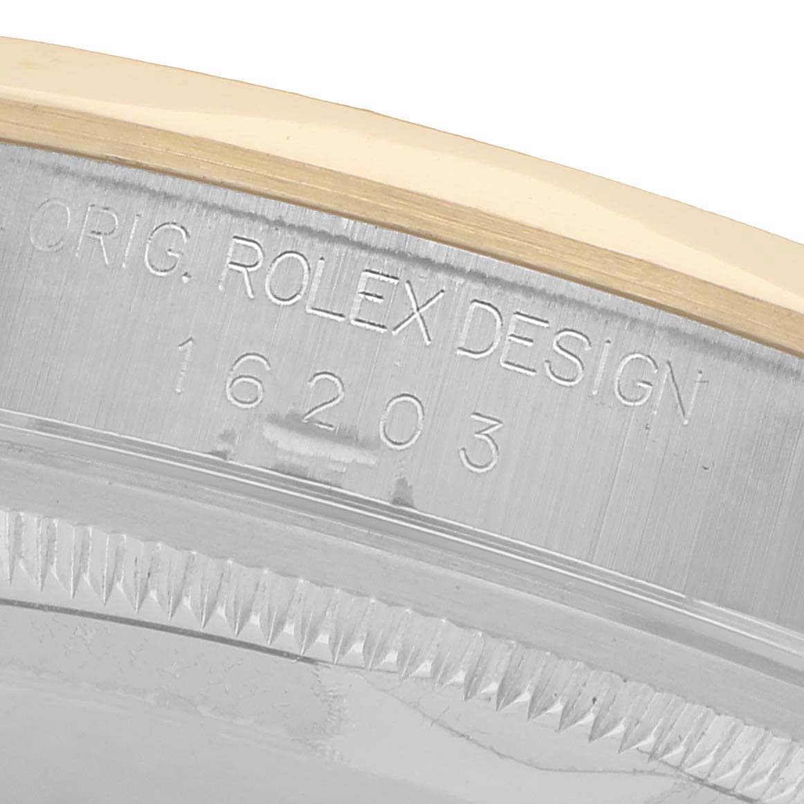 The image shows a close-up of the case side, revealing the model engraving "16203" on the Rolex Datejust 16203 Men's Steel and Gold (two tone) White Dial.