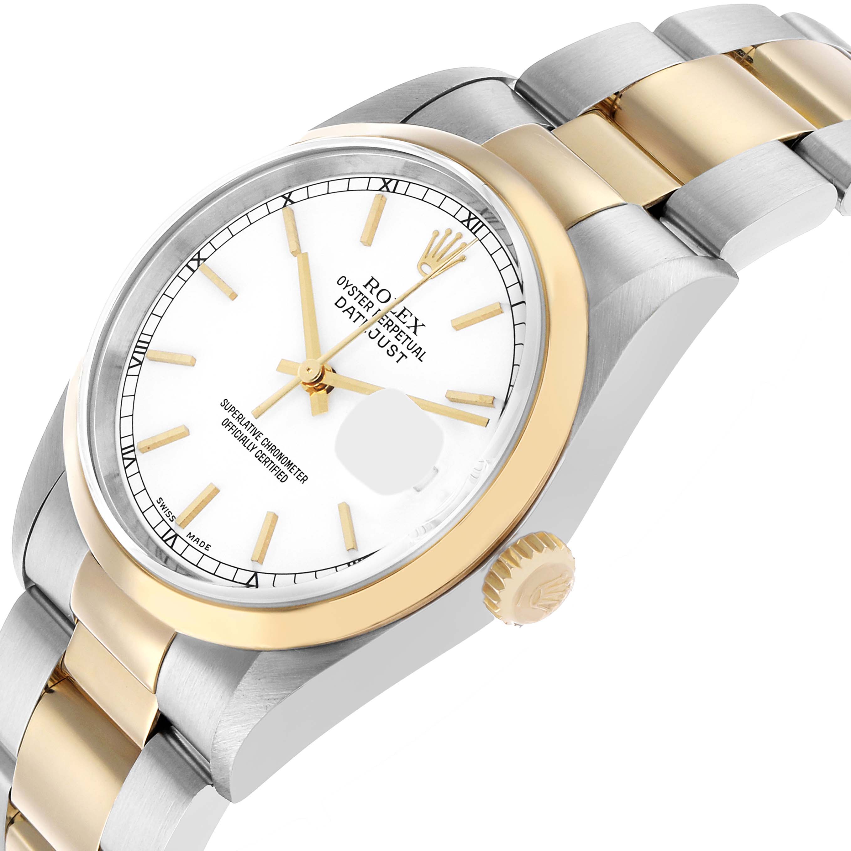 The image shows a Rolex Datejust 16203 Men's Steel and Gold (two tone) White Dial watch from a top-right angle, highlighting the dial, bezel, two-tone bracelet, and crown.