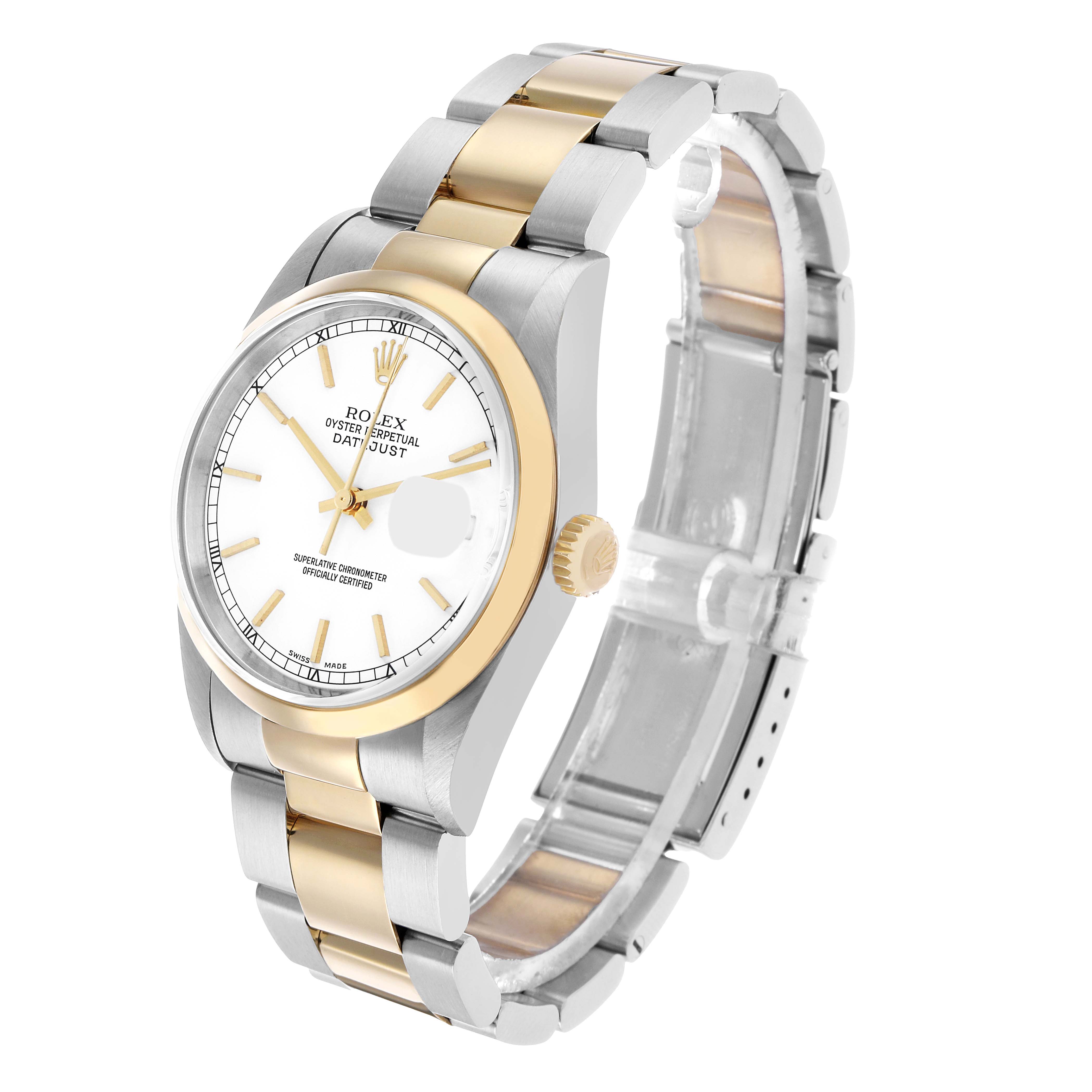 The Rolex Datejust 16203 Men's Steel and Gold (two tone) White Dial watch is shown at an angled side view, highlighting the dial, bezel, bracelet, and crown.