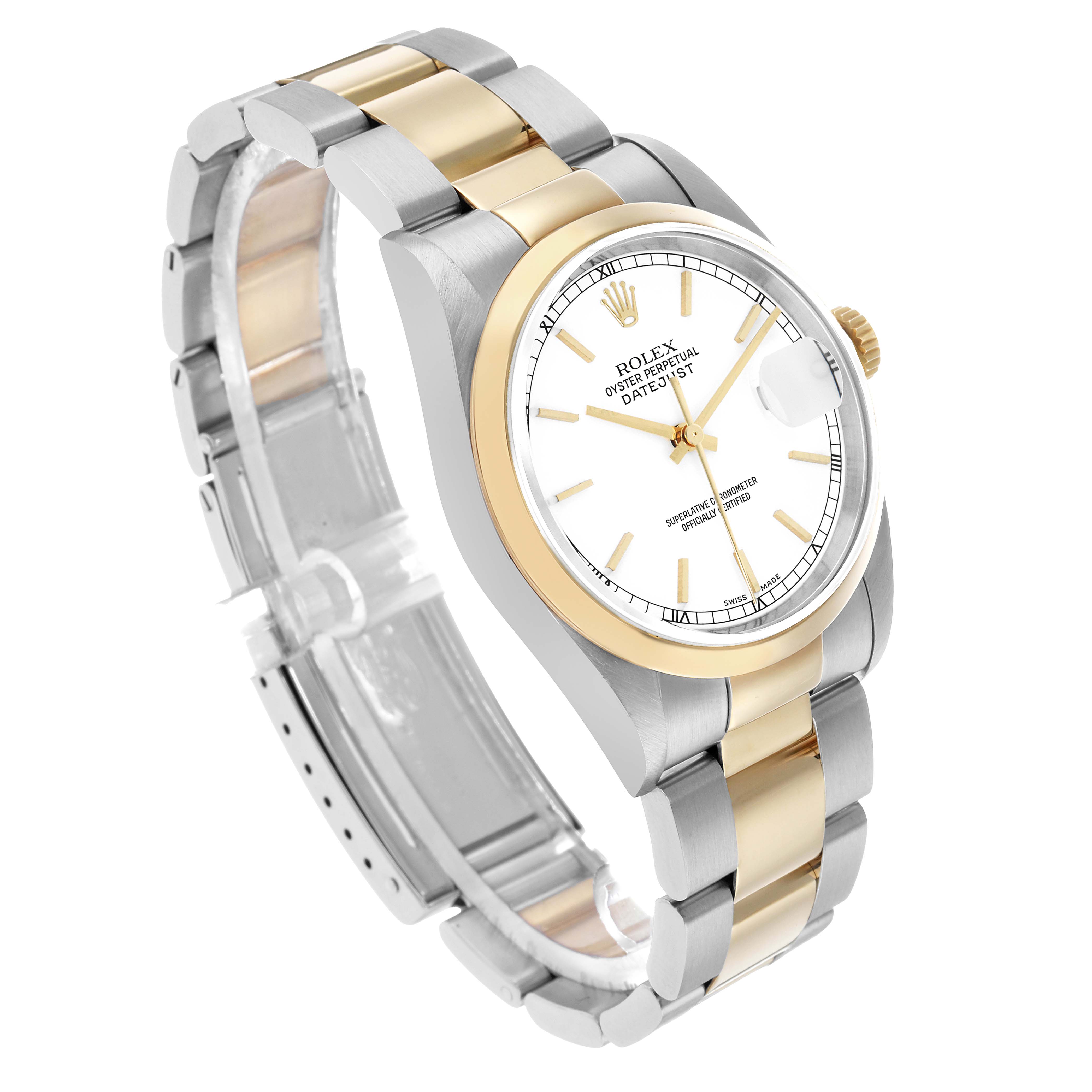 The Rolex Datejust 16203 Men's Steel and Gold (two tone) White Dial watch is shown at a 3/4 angle, highlighting the bezel, dial, bracelet, and crown.