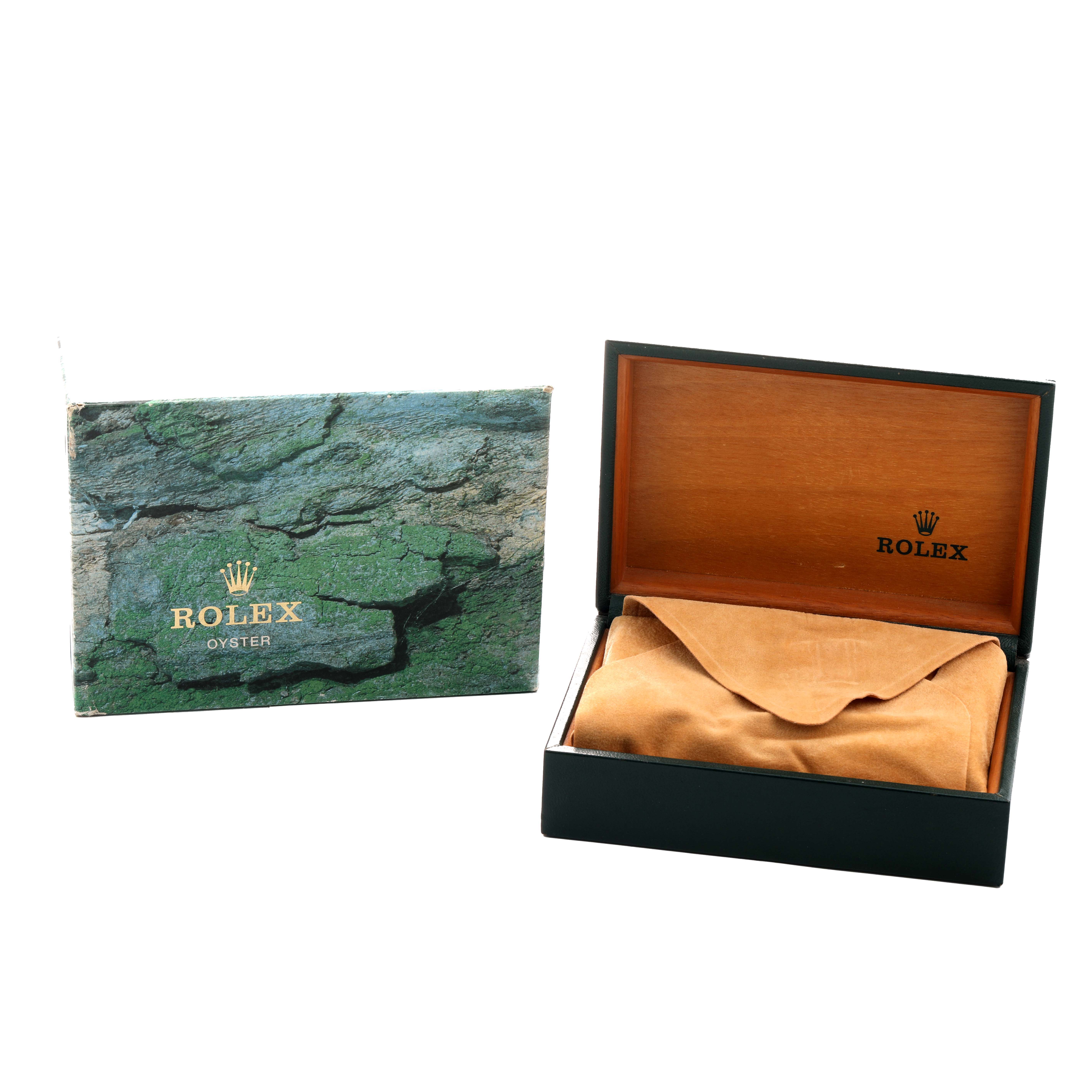 The image shows a Rolex Datejust 16203 Men's Steel and Gold (two tone) White Dial box and a brown suede pouch, photographed from the front.