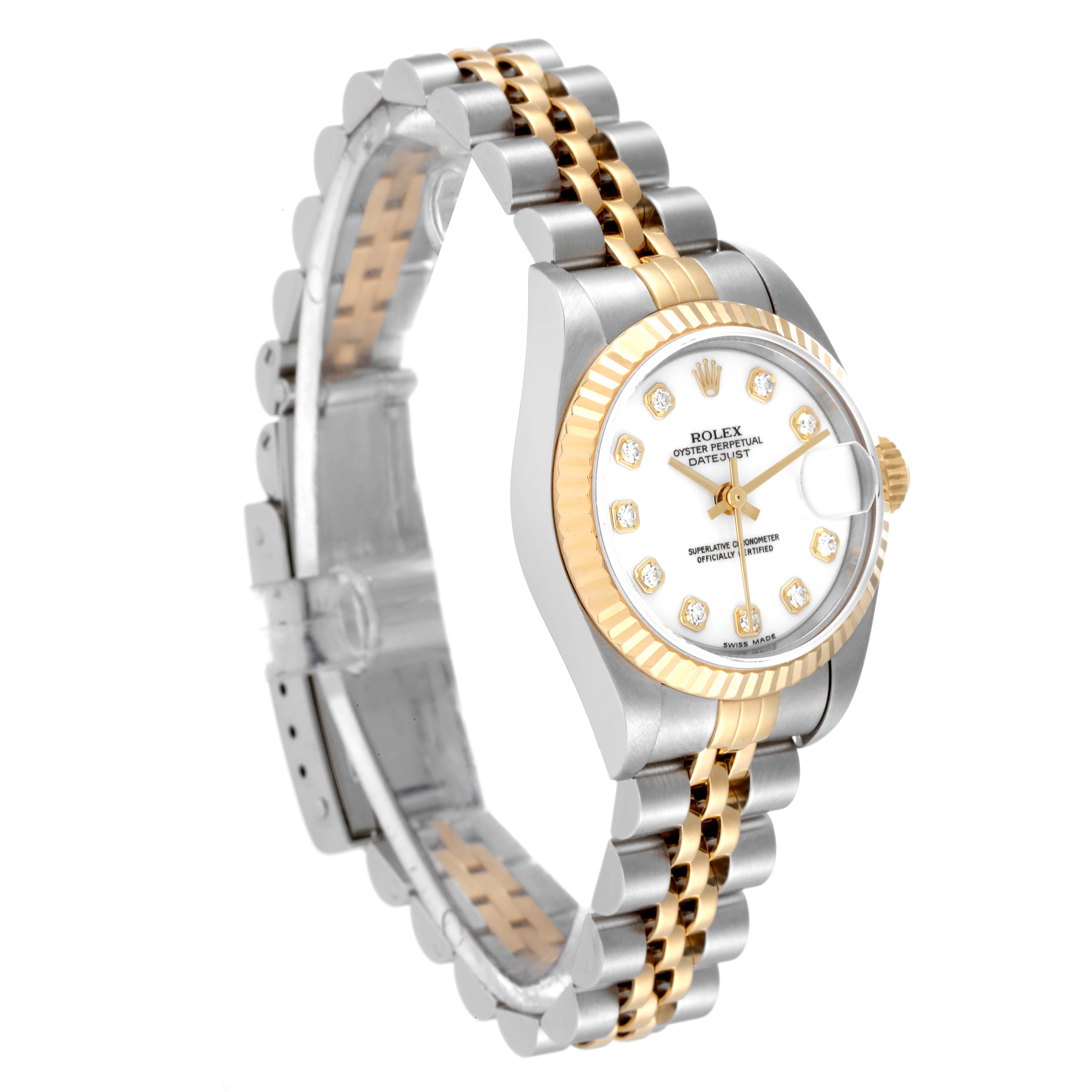 The Rolex Datejust 79173 Women's Steel and Gold (two tone) White Dial 79173 Women's Steel and Gold (two tone) White Dial watch is shown from an angled side view, highlighting the dial, bracelet, and bezel.