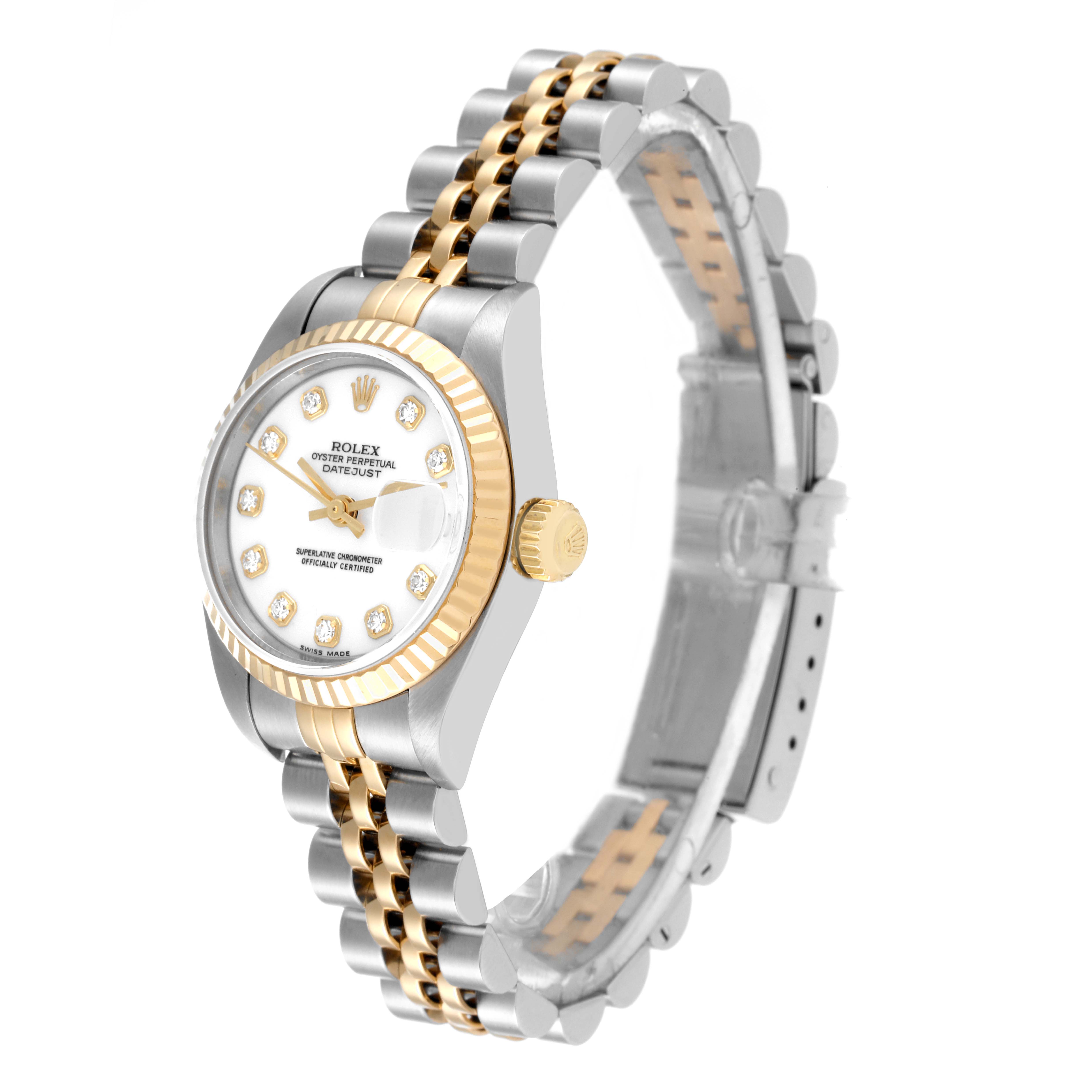 This image shows a side and front view of a Rolex Datejust 79173 Women's Steel and Gold (two tone) White Dial 79173 Women's Steel and Gold (two tone) White Dial watch, highlighting its face, bezel, and two-tone band.
