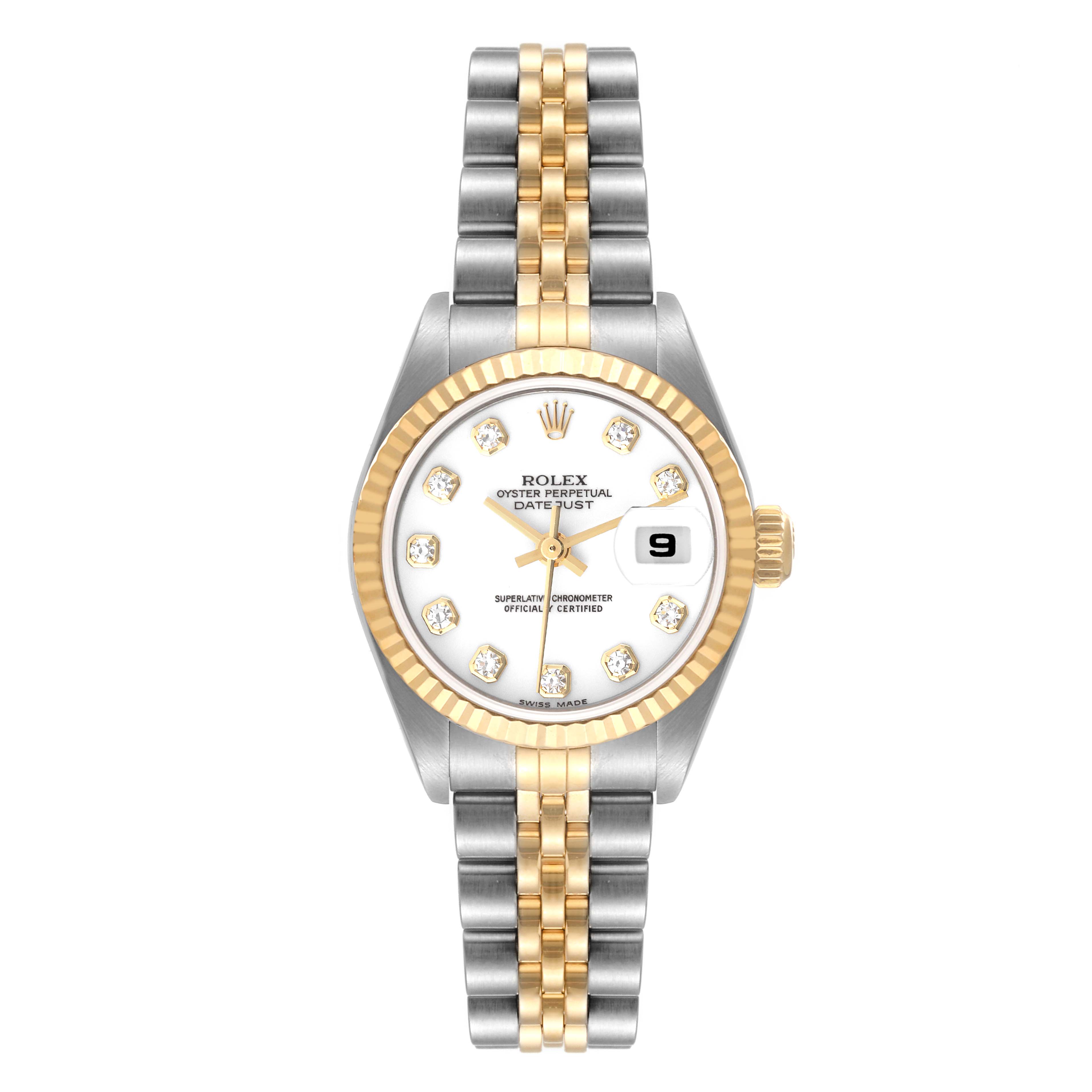 The image shows a front view of the Rolex Datejust 79173 Women's Steel and Gold (two tone) White Dial 79173 Women's Steel and Gold (two tone) White Dial watch, highlighting its face, bezel, and bracelet.