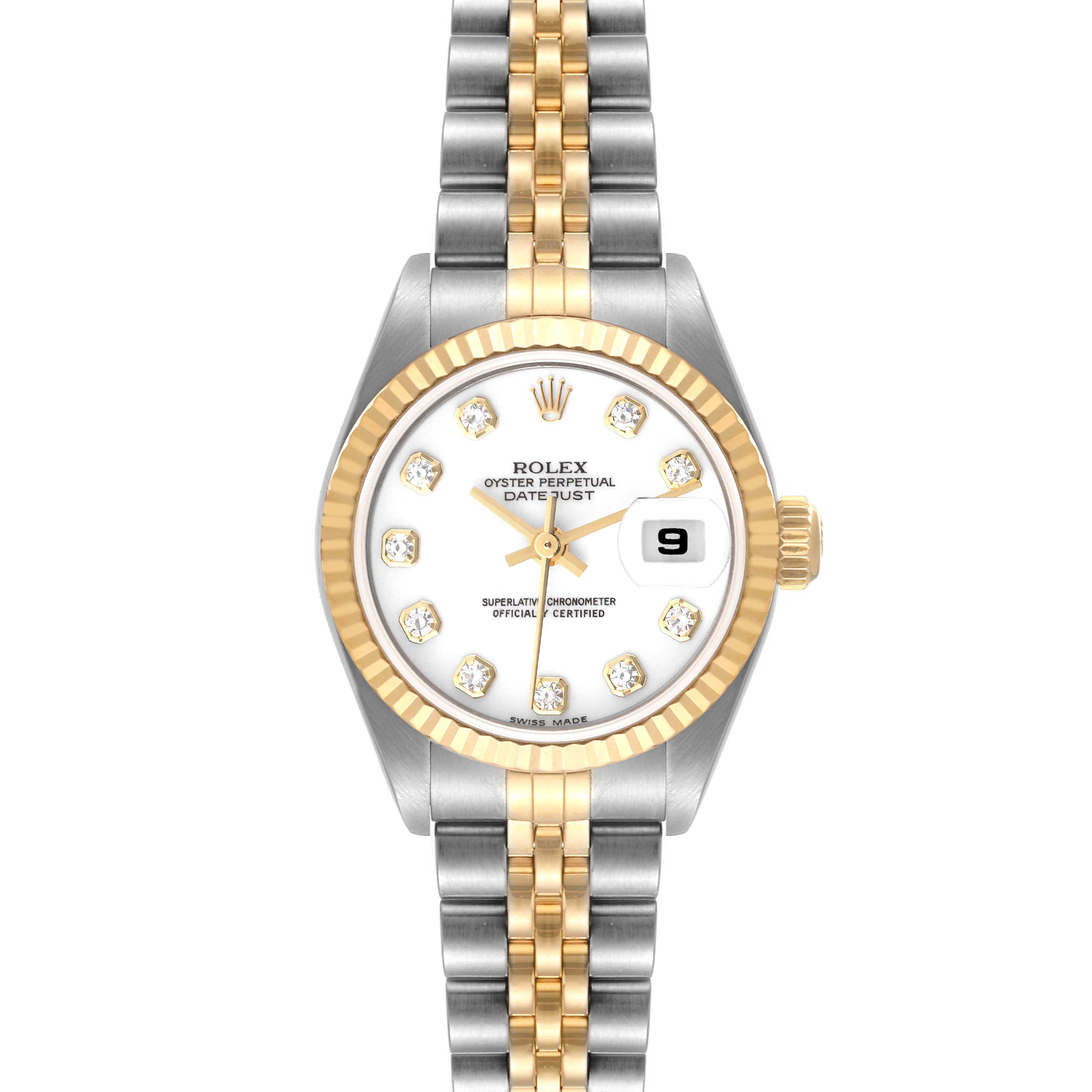 This image shows a Rolex Datejust 79173 Women's Steel and Gold (two tone) White Dial 79173 Women's Steel and Gold (two tone) White Dial watch from a front angle, highlighting the dial, bezel, and bracelet.