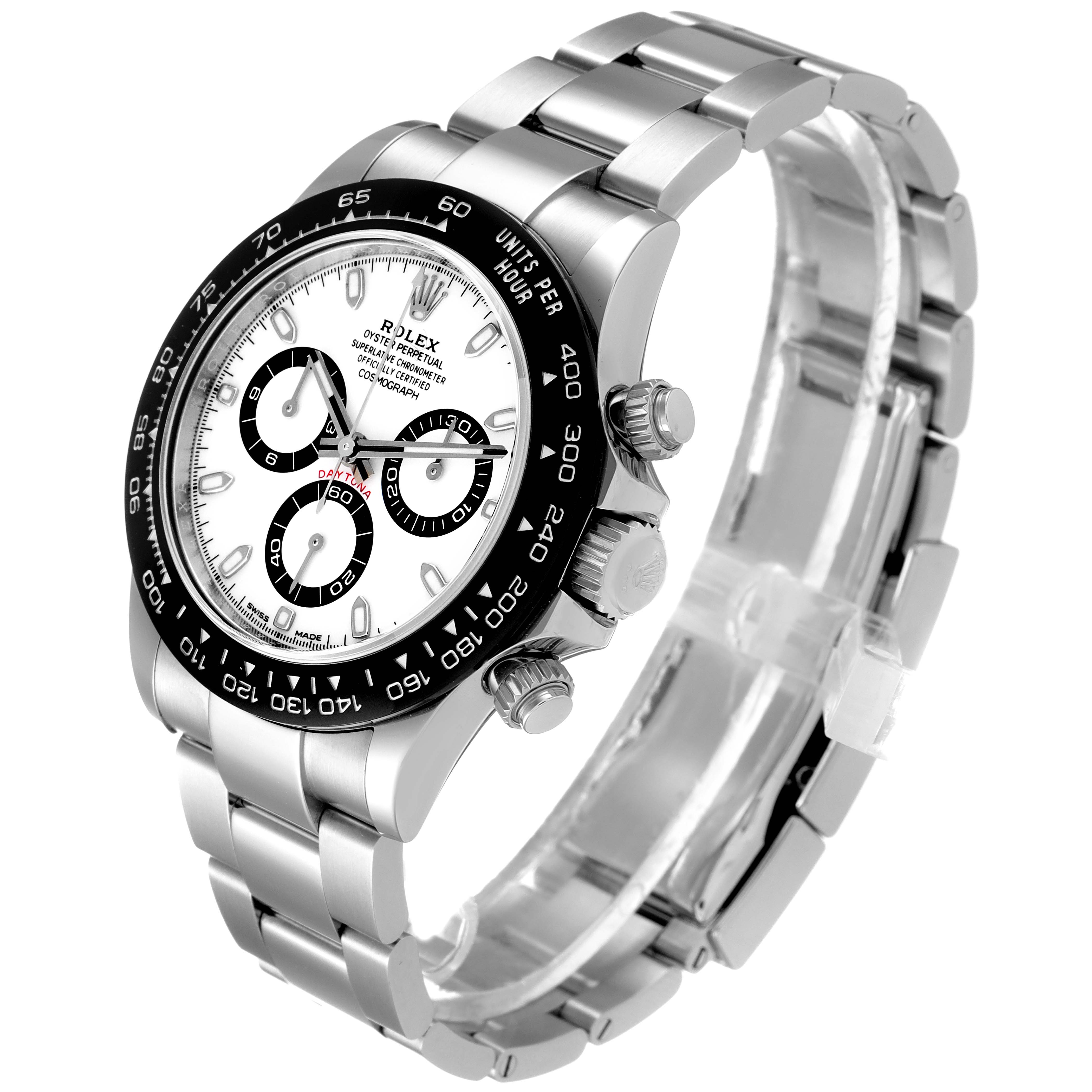 This image shows a side angle of the Rolex Daytona 116500 Men's Stainless Steel White Dial 116500 Men's Stainless Steel White Dial watch, highlighting its bezel, dial, pushers, and bracelet.