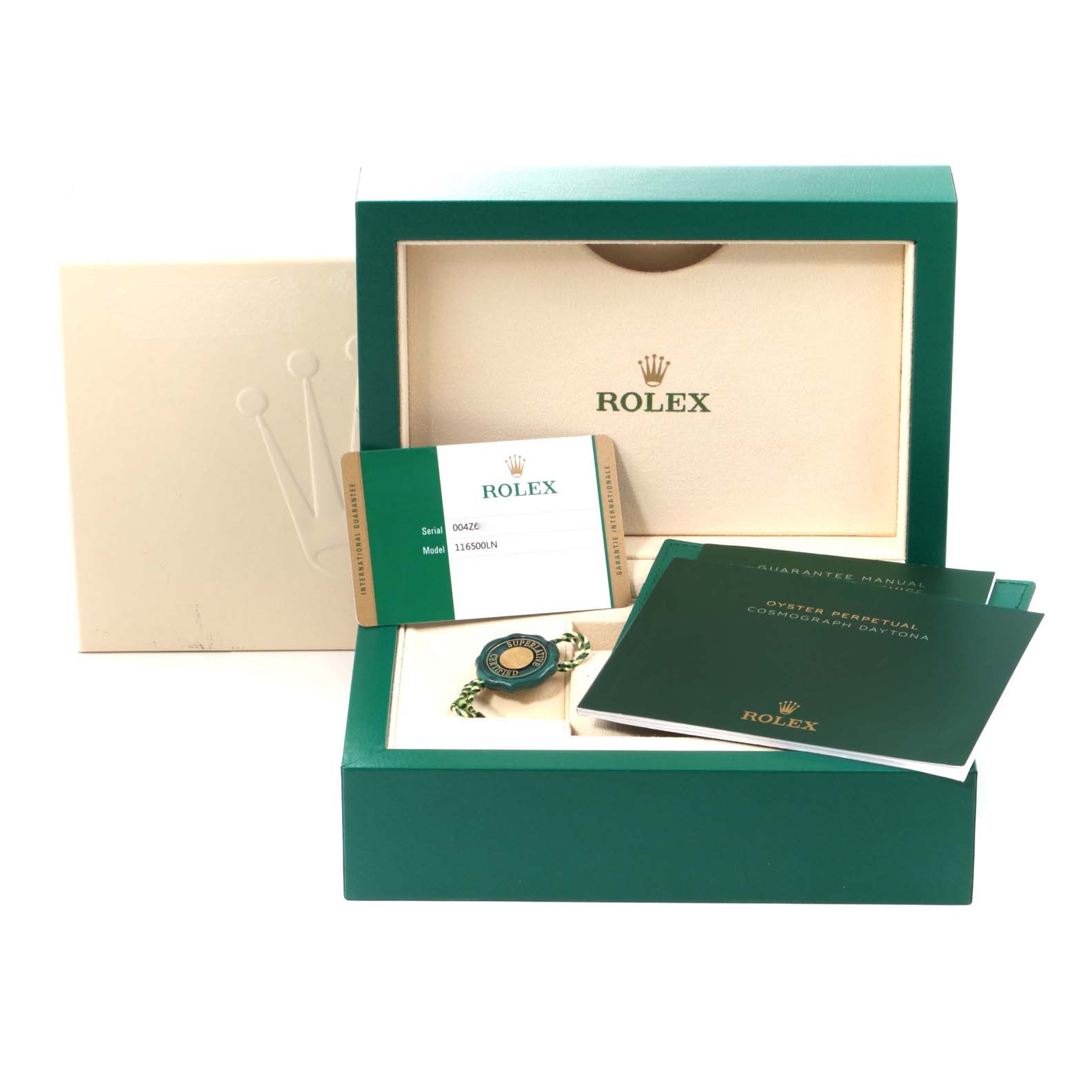 This image shows a Rolex Daytona 116500 Men's Stainless Steel White Dial 116500 Men's Stainless Steel White Dial box set with documents, a tag, and the inner packaging.