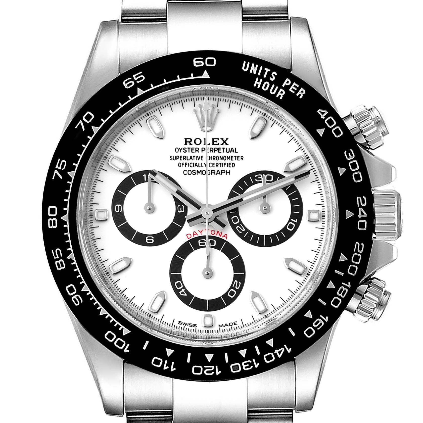 The image shows a front view of the Rolex Daytona 116500 Men's Stainless Steel White Dial 116500 Men's Stainless Steel White Dial watch, highlighting its dial, bezel, and chronograph subdials.