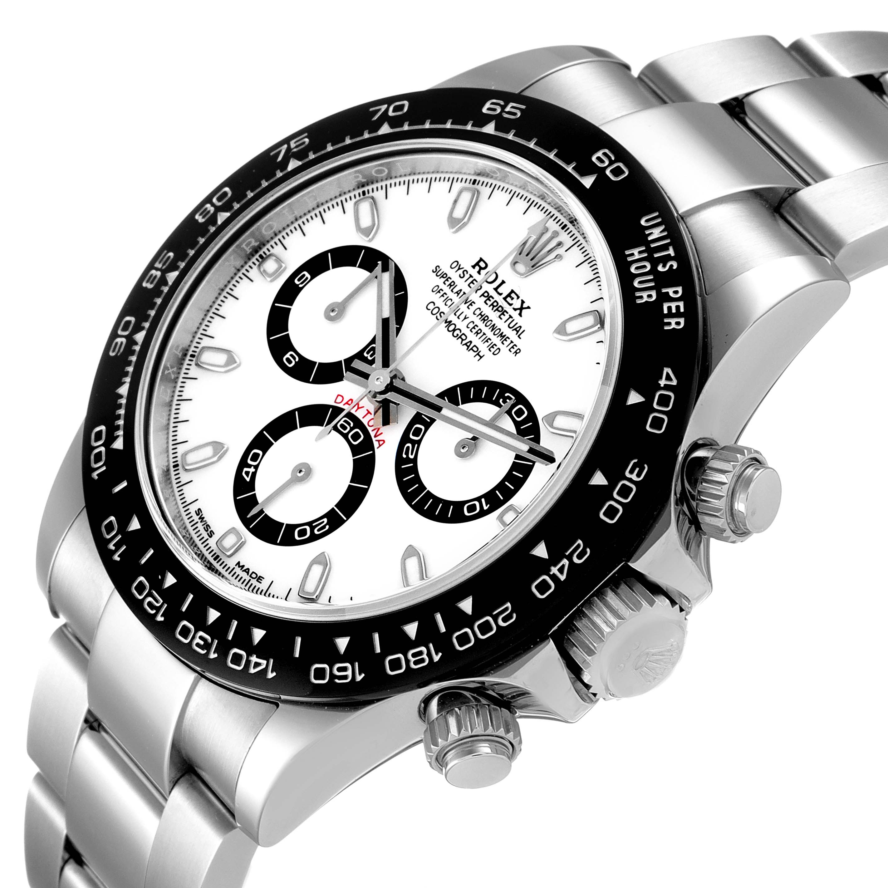 The image shows a close-up view of the Rolex Daytona 116500 Men's Stainless Steel White Dial 116500 Men's Stainless Steel White Dial watch, highlighting the face, bezel, crown, and part of the bracelet.