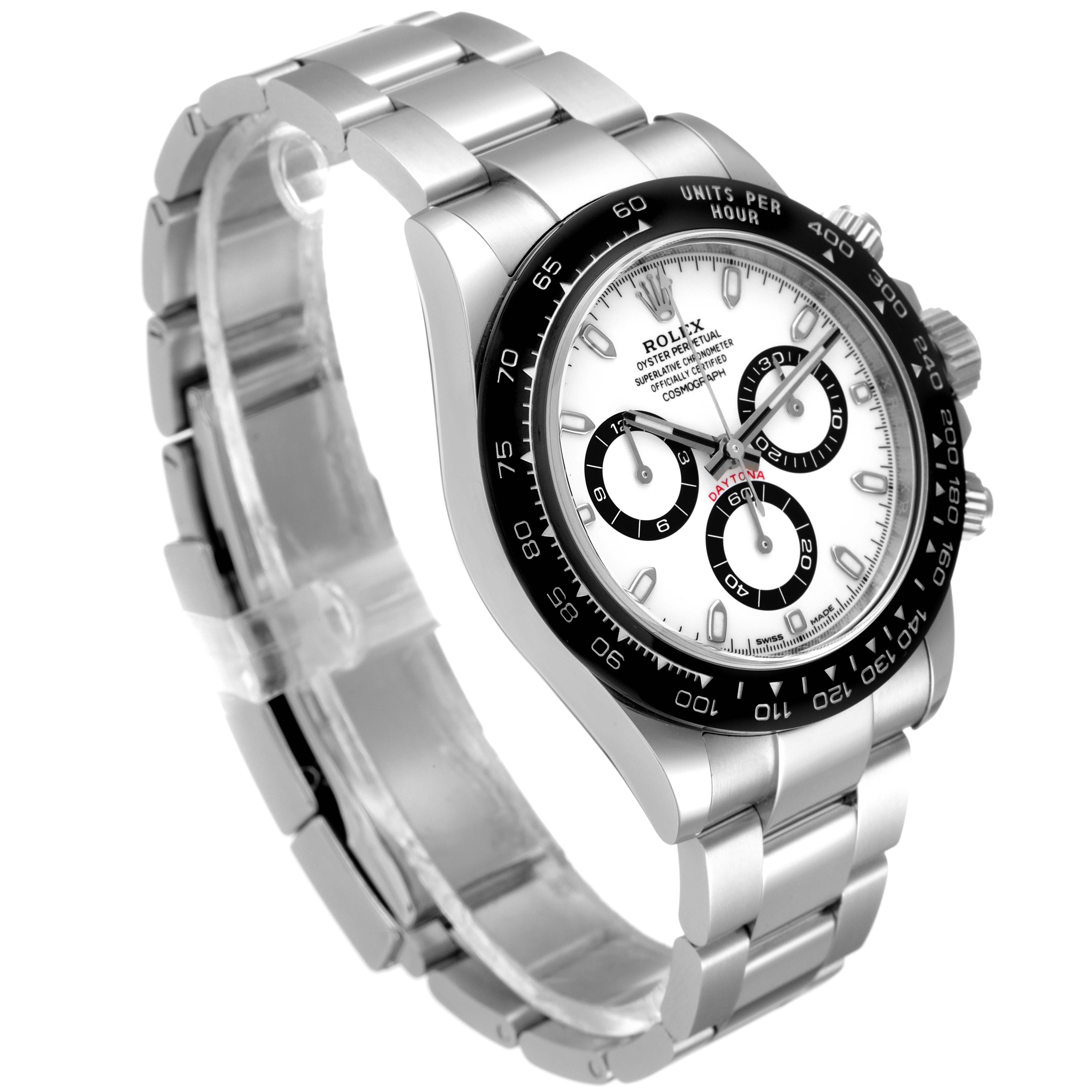 The Rolex Daytona 116500 Men's Stainless Steel White Dial 116500 Men's Stainless Steel White Dial watch is angled to show the face, bezel, pushers, crown, and steel bracelet.