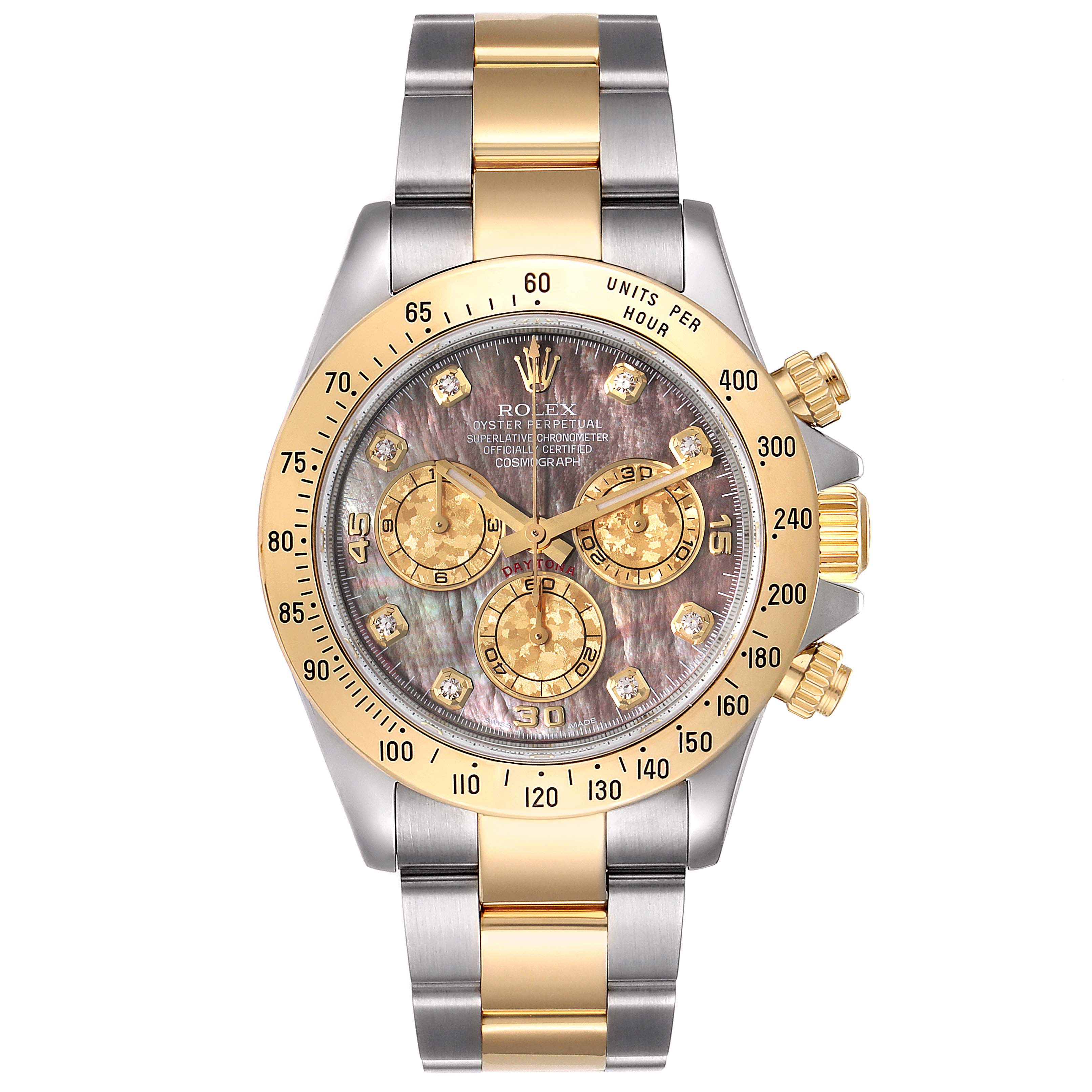 This Rolex Daytona 116523 Men's Steel and Gold (two tone) Mother of Pearl Dial 116523 Men's Steel and Gold (two tone) Mother of Pearl Dial watch is shown from a front angle, highlighting its gold bezel, dials, and two-tone bracelet.