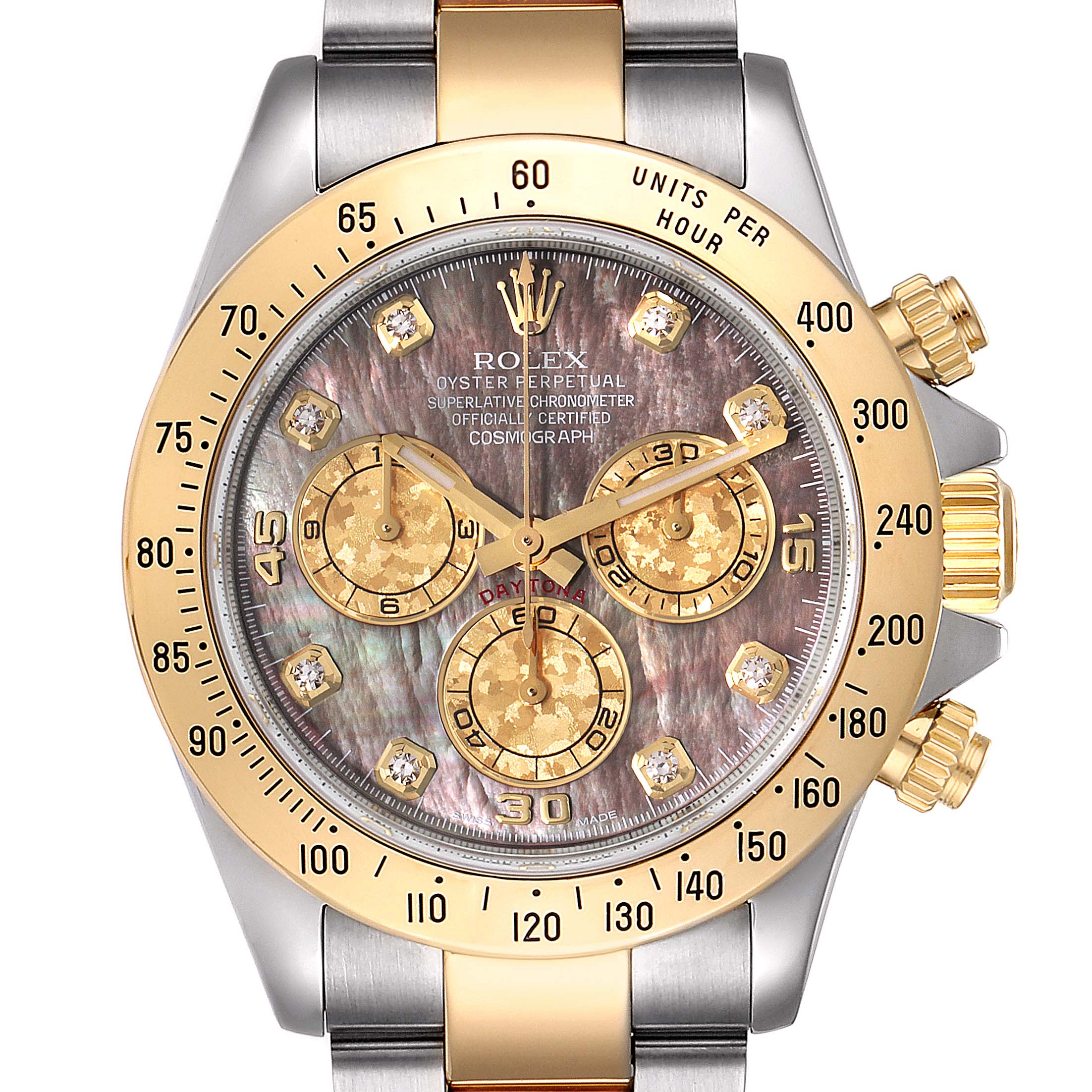 This image shows the face and bezel of a Rolex Daytona 116523 Men's Steel and Gold (two tone) Mother of Pearl Dial 116523 Men's Steel and Gold (two tone) Mother of Pearl Dial watch, highlighting the gold accents and chronograph dials.