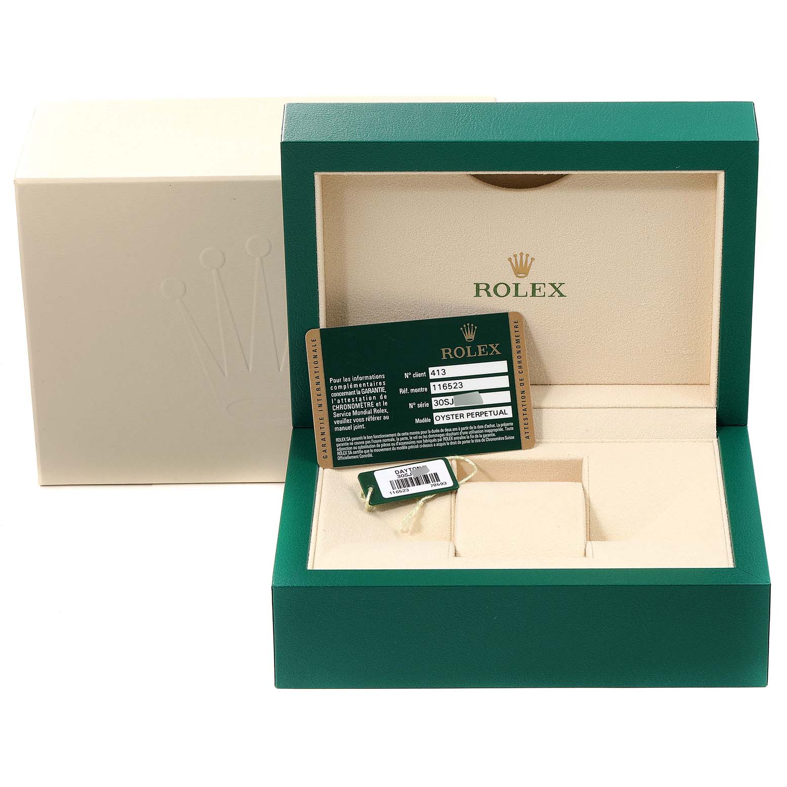 The image shows a Rolex Daytona 116523 Men's Steel and Gold (two tone) Mother of Pearl Dial 116523 Men's Steel and Gold (two tone) Mother of Pearl Dial watch box with accessories, including a green authenticity card.