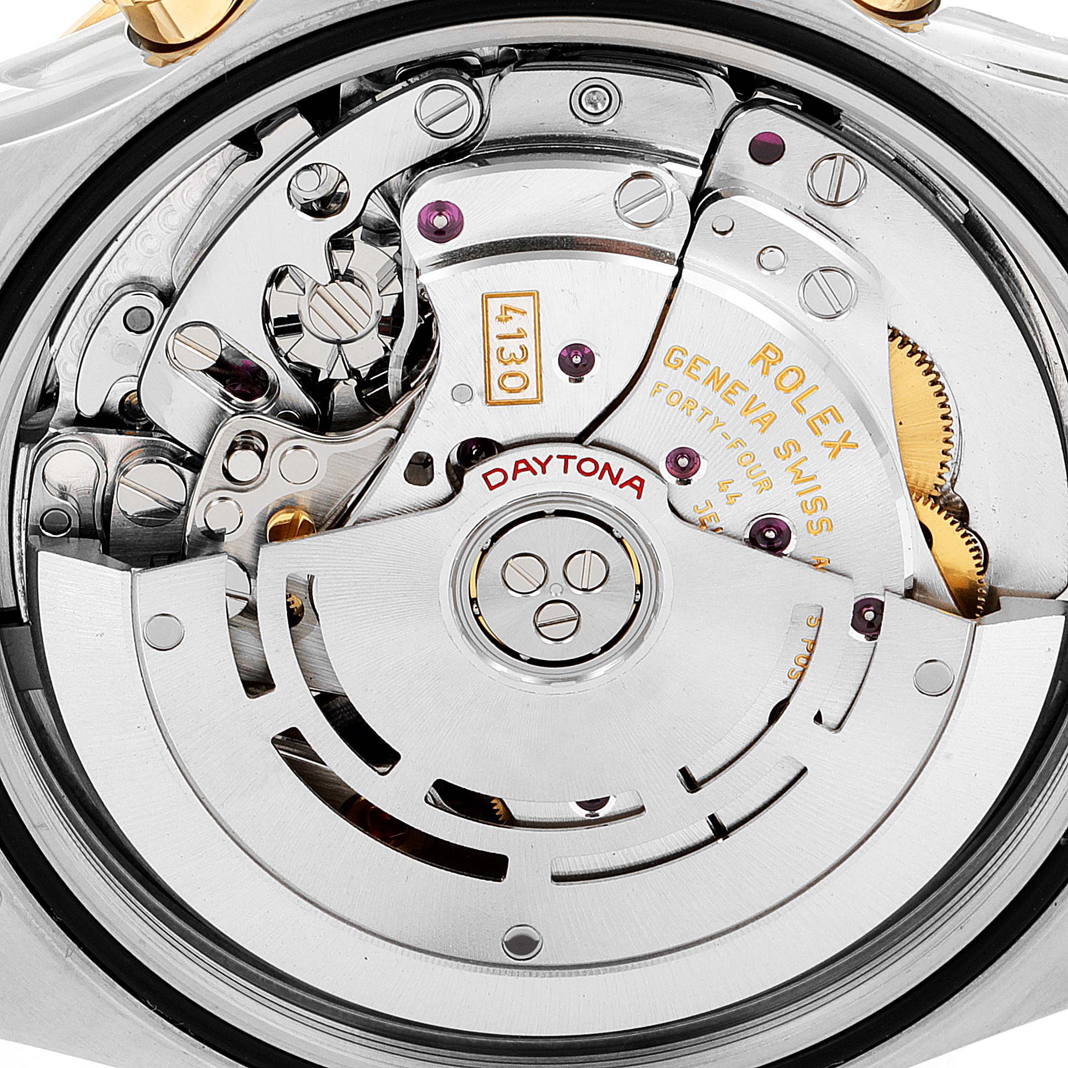 This image shows a close-up of the movement and internal mechanics of a Rolex Daytona 116523 Men's Steel and Gold (two tone) Mother of Pearl Dial 116523 Men's Steel and Gold (two tone) Mother of Pearl Dial watch.