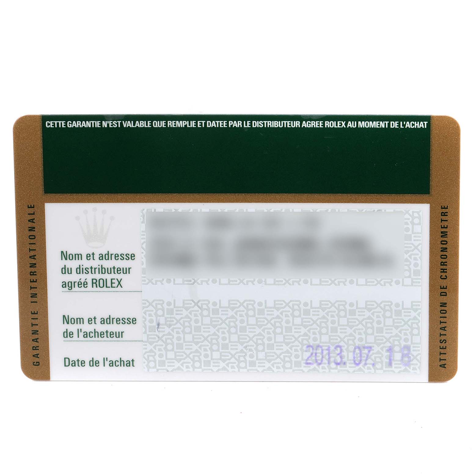 The image shows an international warranty card for the Rolex Daytona 116523 Men's Steel and Gold (two tone) Mother of Pearl Dial 116523 Men's Steel and Gold (two tone) Mother of Pearl Dial model, viewed from a top-down angle.