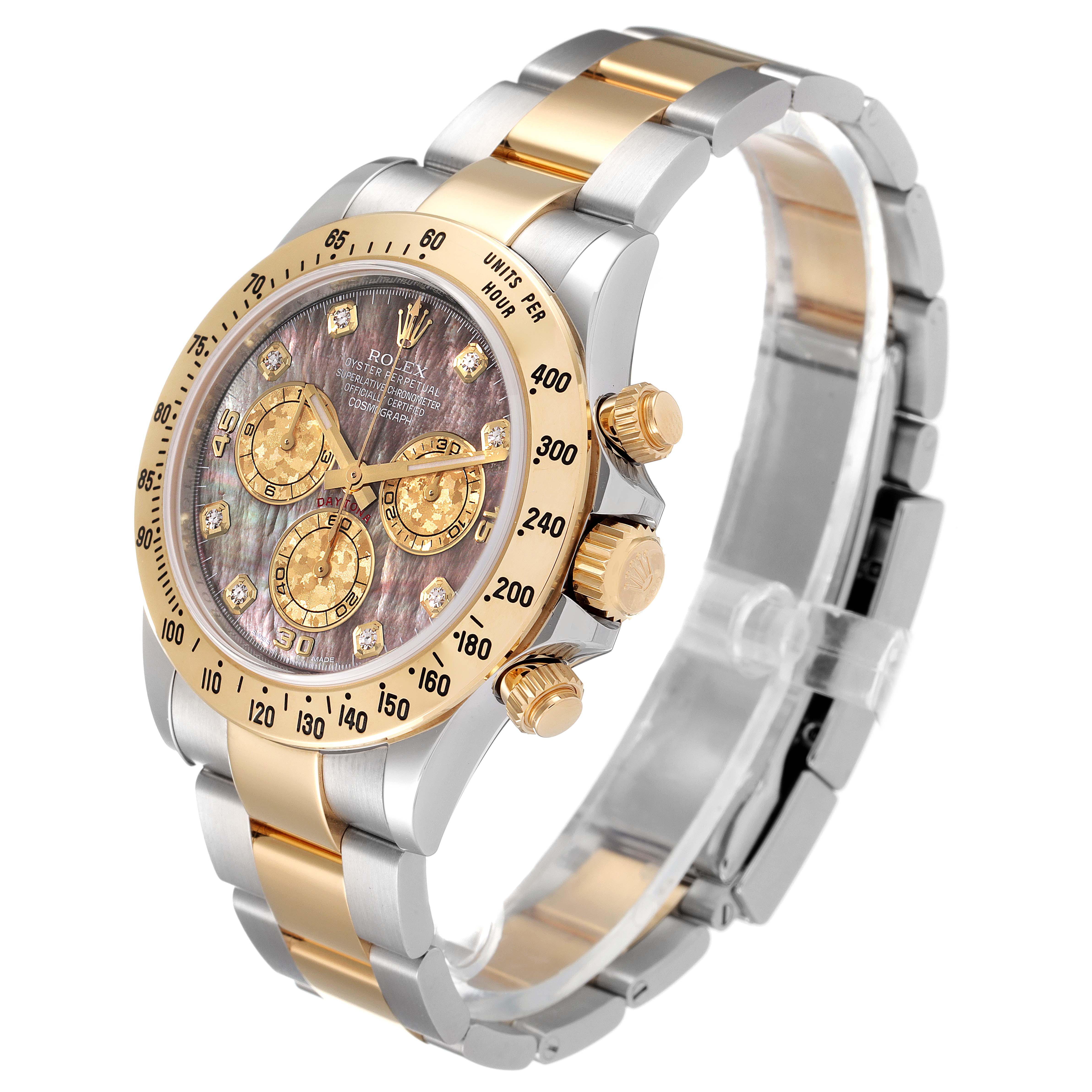 The Rolex Daytona 116523 Men's Steel and Gold (two tone) Mother of Pearl Dial 116523 Men's Steel and Gold (two tone) Mother of Pearl Dial watch is captured at a three-quarter angle, showing its face, band, and side buttons.