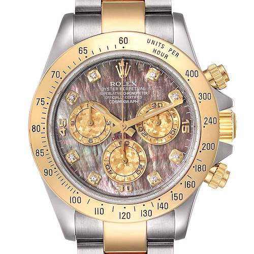 Photo of Rolex Daytona Steel Yellow Gold MOP Diamond Mens Watch 116523 Box Card