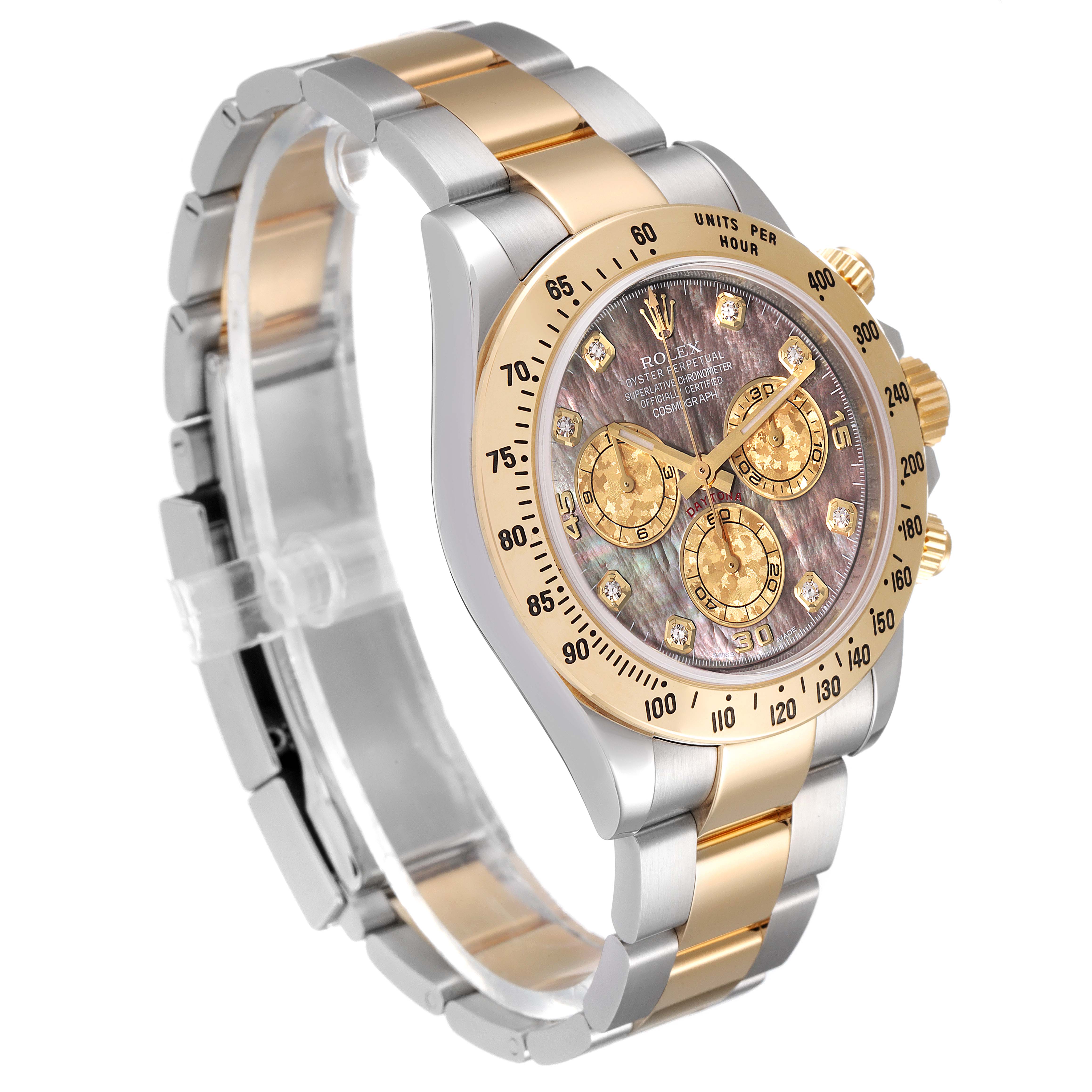 The Rolex Daytona 116523 Men's Steel and Gold (two tone) Mother of Pearl Dial 116523 Men's Steel and Gold (two tone) Mother of Pearl Dial watch is shown at a three-quarter angle, highlighting its bezel, dial, bracelet, and chronograph functions.