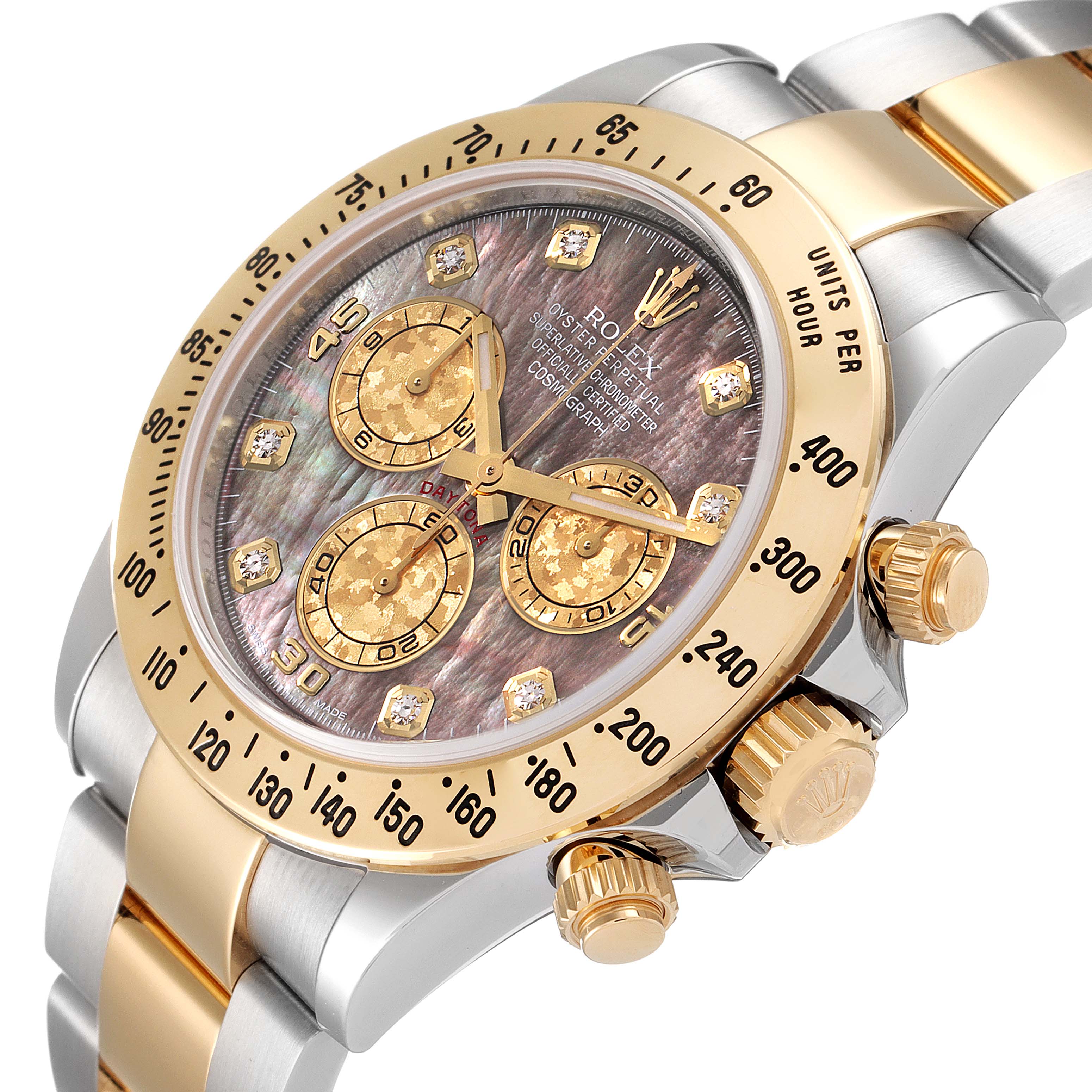The image shows a close-up angle of the Rolex Daytona 116523 Men's Steel and Gold (two tone) Mother of Pearl Dial 116523 Men's Steel and Gold (two tone) Mother of Pearl Dial watch, highlighting the face, bezel, crown, and part of the bracelet.
