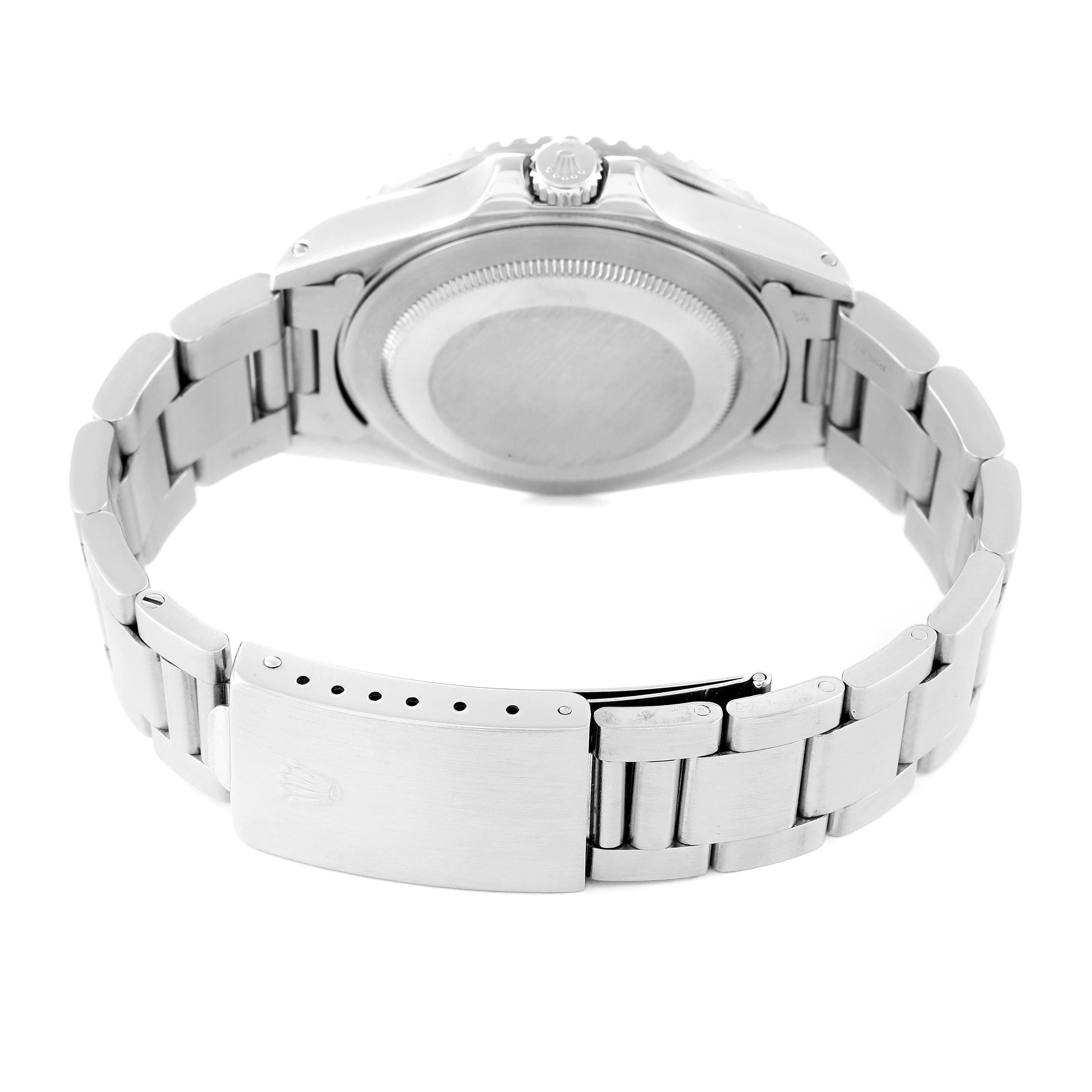 This image shows the back view of a Rolex GMT-Master 16760 Men
s Stainless Steel Black Dial 16760 Men
s Stainless Steel Black Dial watch, highlighting the case back, bracelet, and clasp.