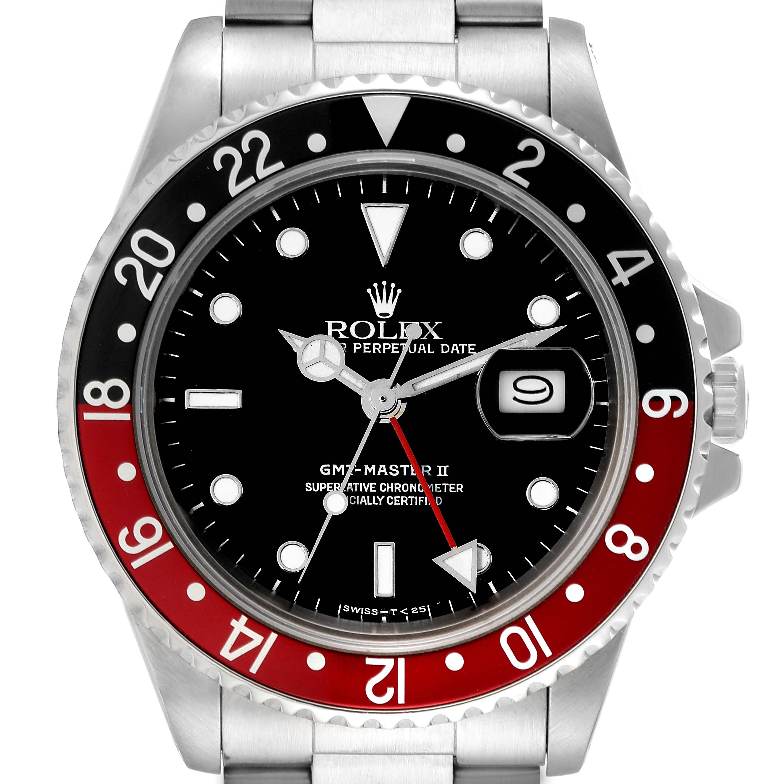 This image shows a front view of the Rolex GMT-Master 16760 Men
s Stainless Steel Black Dial 16760 Men
s Stainless Steel Black Dial II watch, highlighting its dial, bezel, and bracelet.