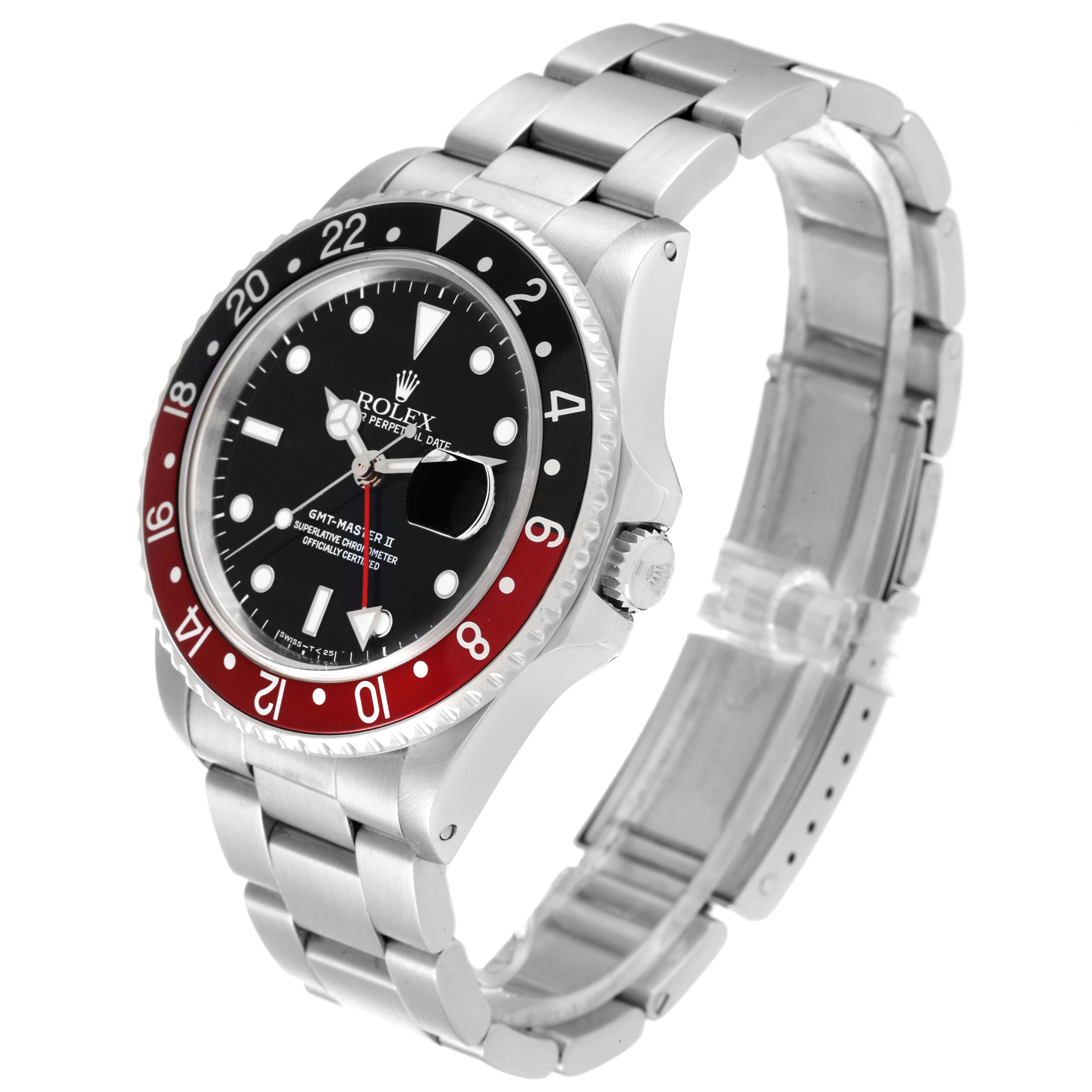 The image shows a Rolex GMT-Master 16760 Men
s Stainless Steel Black Dial 16760 Men
s Stainless Steel Black Dial watch angled to display the face, bezel, and partial bracelet.