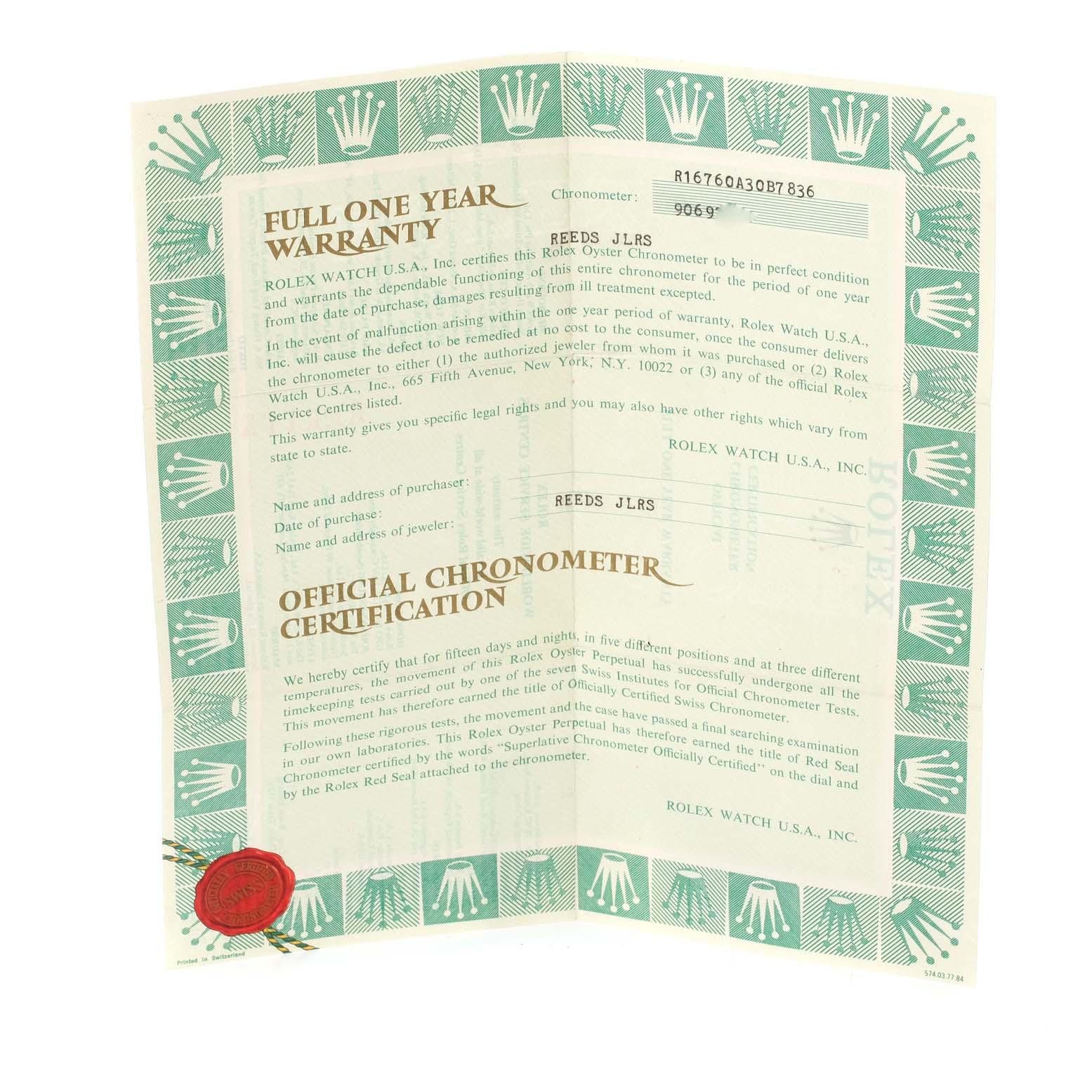 The image shows a folded warranty and certification document for a Rolex GMT-Master 16760 Men
s Stainless Steel Black Dial 16760 Men
s Stainless Steel Black Dial watch, highlighting its "Full One Year Warranty" and "Official Chronometer Certification" sections.