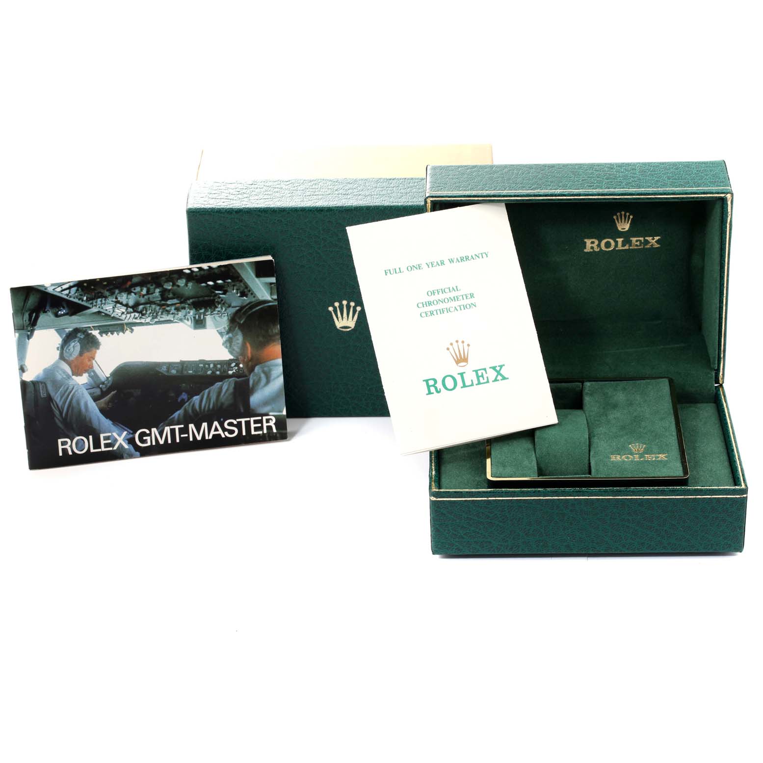 The image shows a Rolex GMT-Master 16760 Men
s Stainless Steel Black Dial 16760 Men
s Stainless Steel Black Dial box, warranty card, and instruction booklet displayed at various angles.