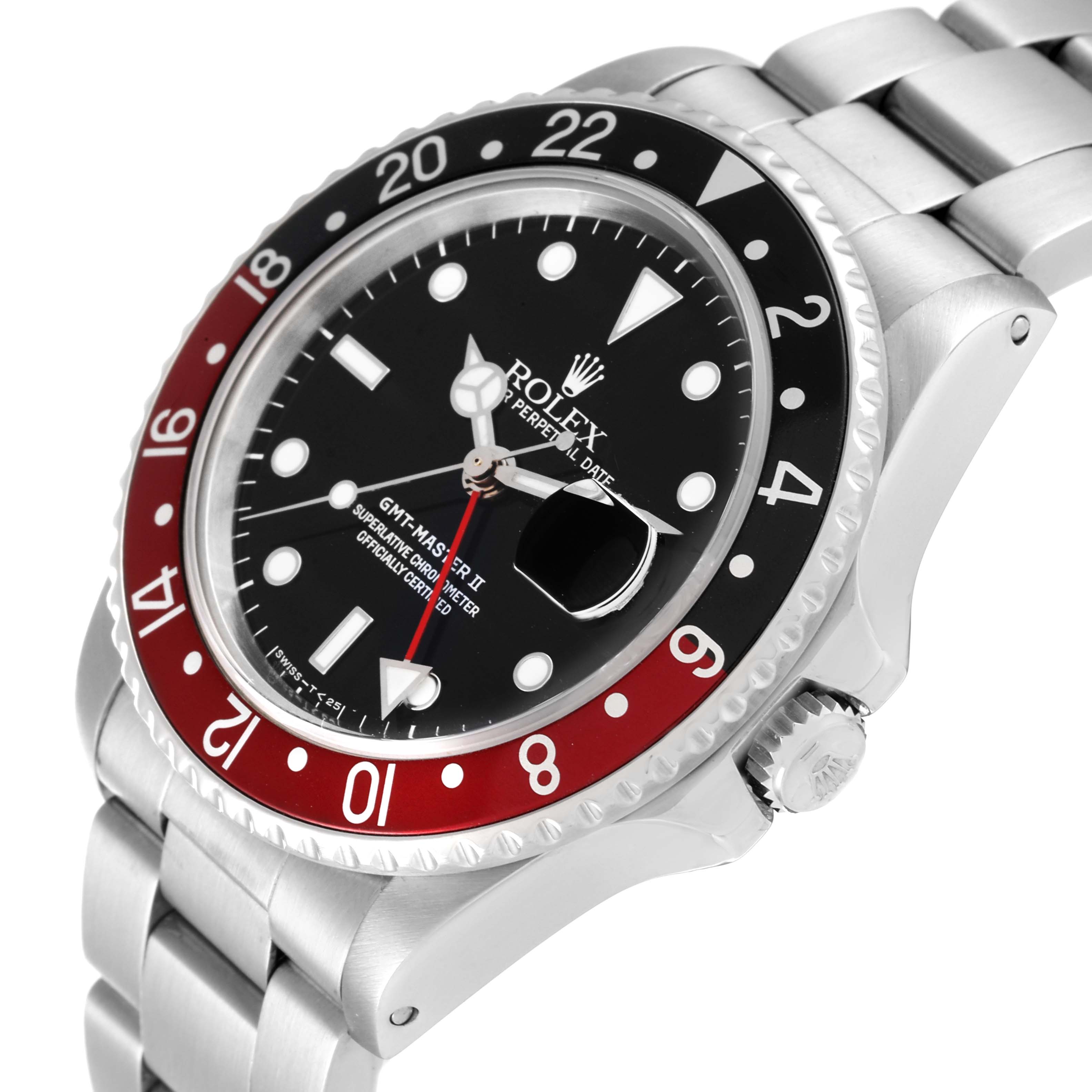 This image shows the Rolex GMT-Master 16760 Men
s Stainless Steel Black Dial 16760 Men
s Stainless Steel Black Dial II watch from a slightly tilted side angle, featuring its bezel, dial, and part of the bracelet.