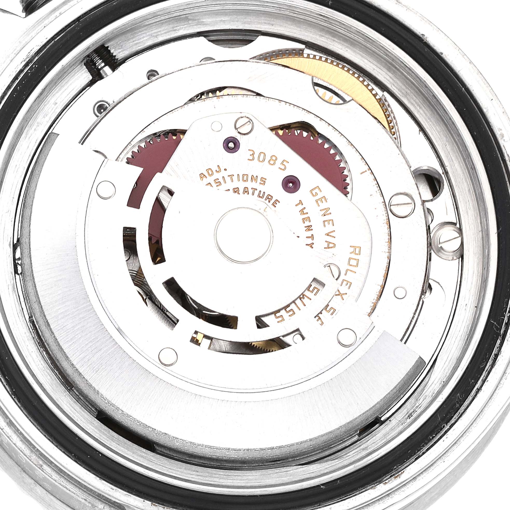 This image shows the internal movement mechanism of a Rolex GMT-Master 16760 Men
s Stainless Steel Black Dial 16760 Men
s Stainless Steel Black Dial watch from a top-down angle.