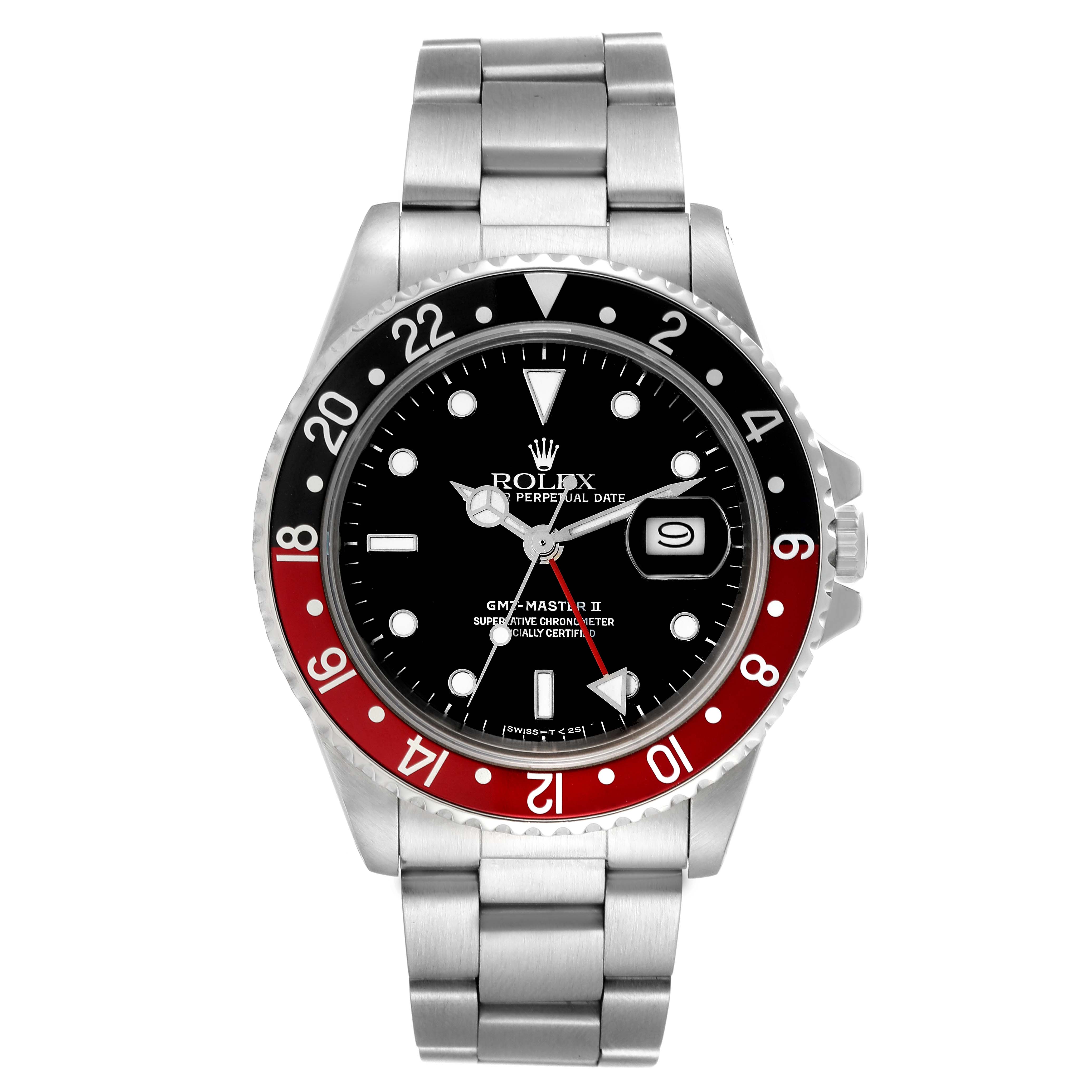The Rolex GMT-Master 16760 Men
s Stainless Steel Black Dial 16760 Men
s Stainless Steel Black Dial watch is shown from a front angle, displaying its dial, bezel, and bracelet.