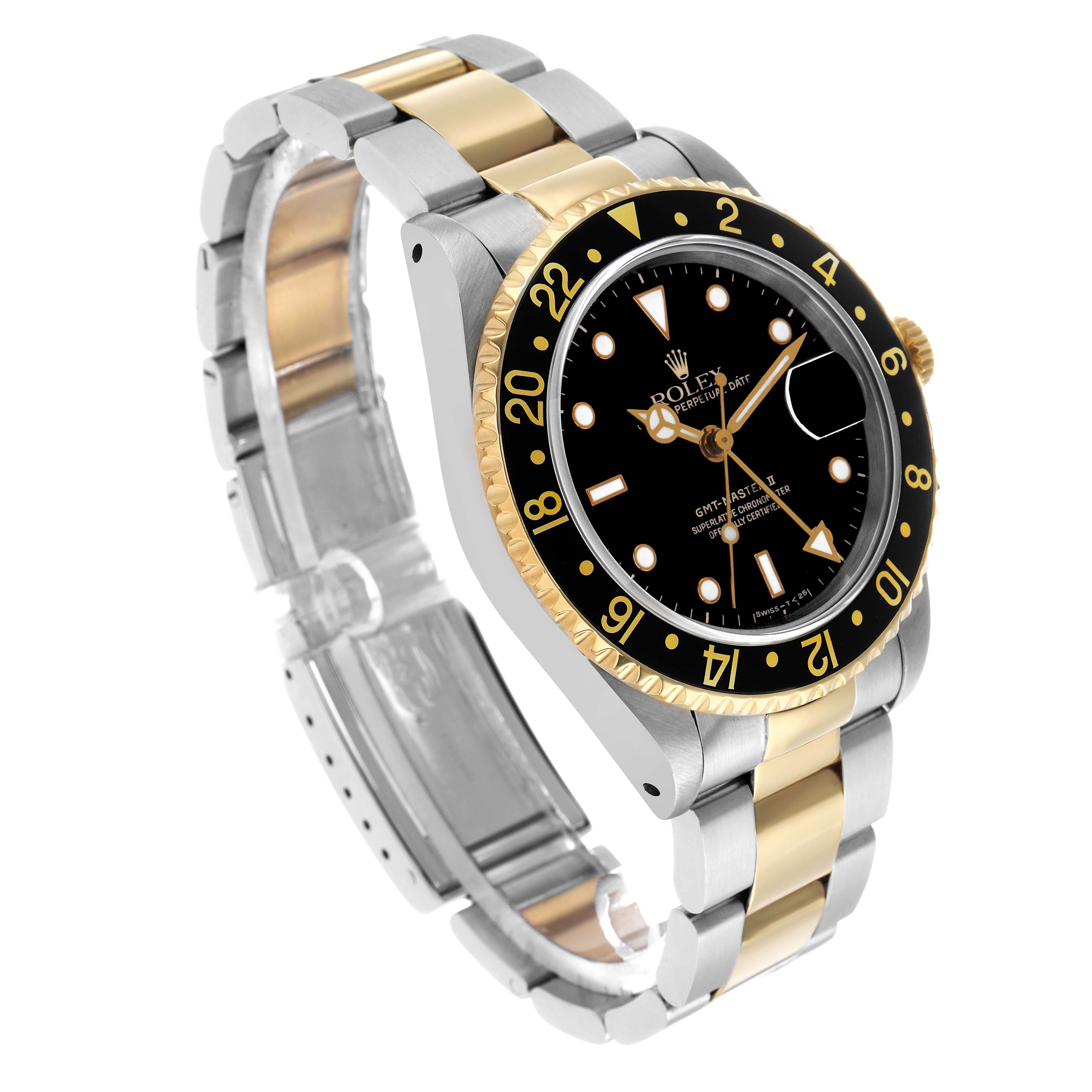 The Rolex GMT-Master 16713 Men's Steel and Gold (two tone) Black Dial watch is shown at a three-quarter angle, highlighting the face, bezel, and two-tone bracelet.