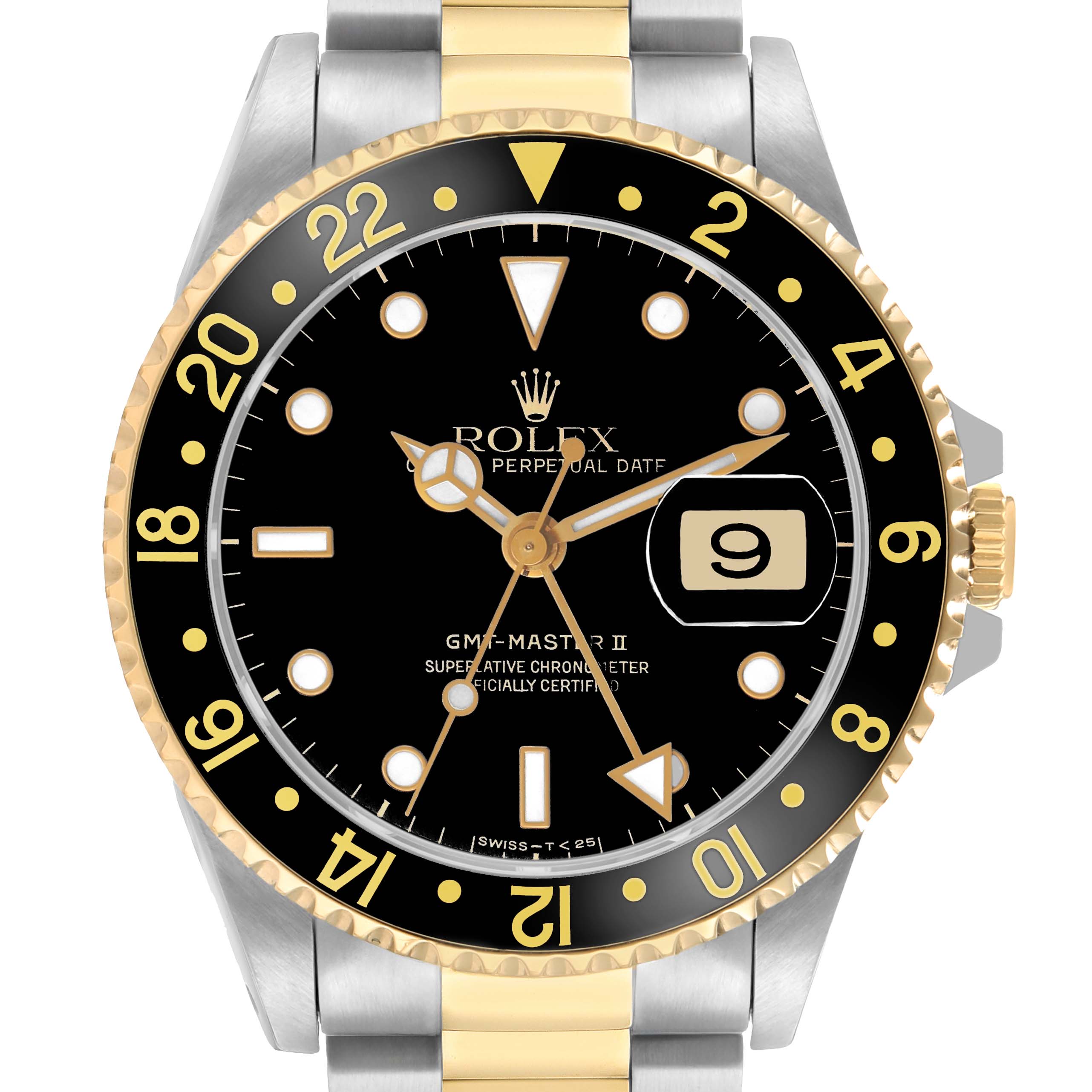 The Rolex GMT-Master 16713 Men's Steel and Gold (two tone) Black Dial watch is shown from a front angle, highlighting the black and gold bezel, dial, and two-tone bracelet.