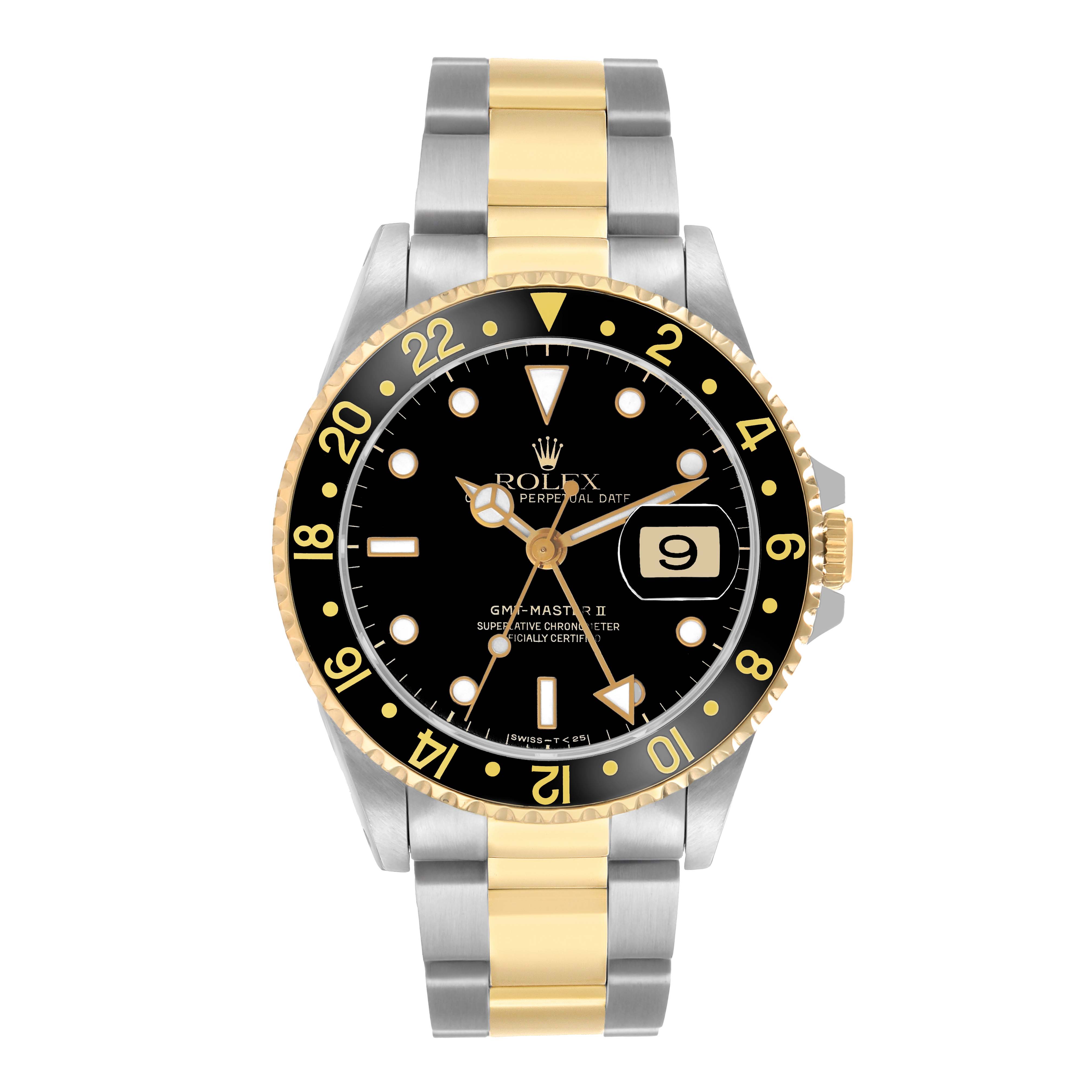 The Rolex GMT-Master 16713 Men's Steel and Gold (two tone) Black Dial watch is shown from a top view, highlighting its black dial, two-tone bracelet, and bezel.